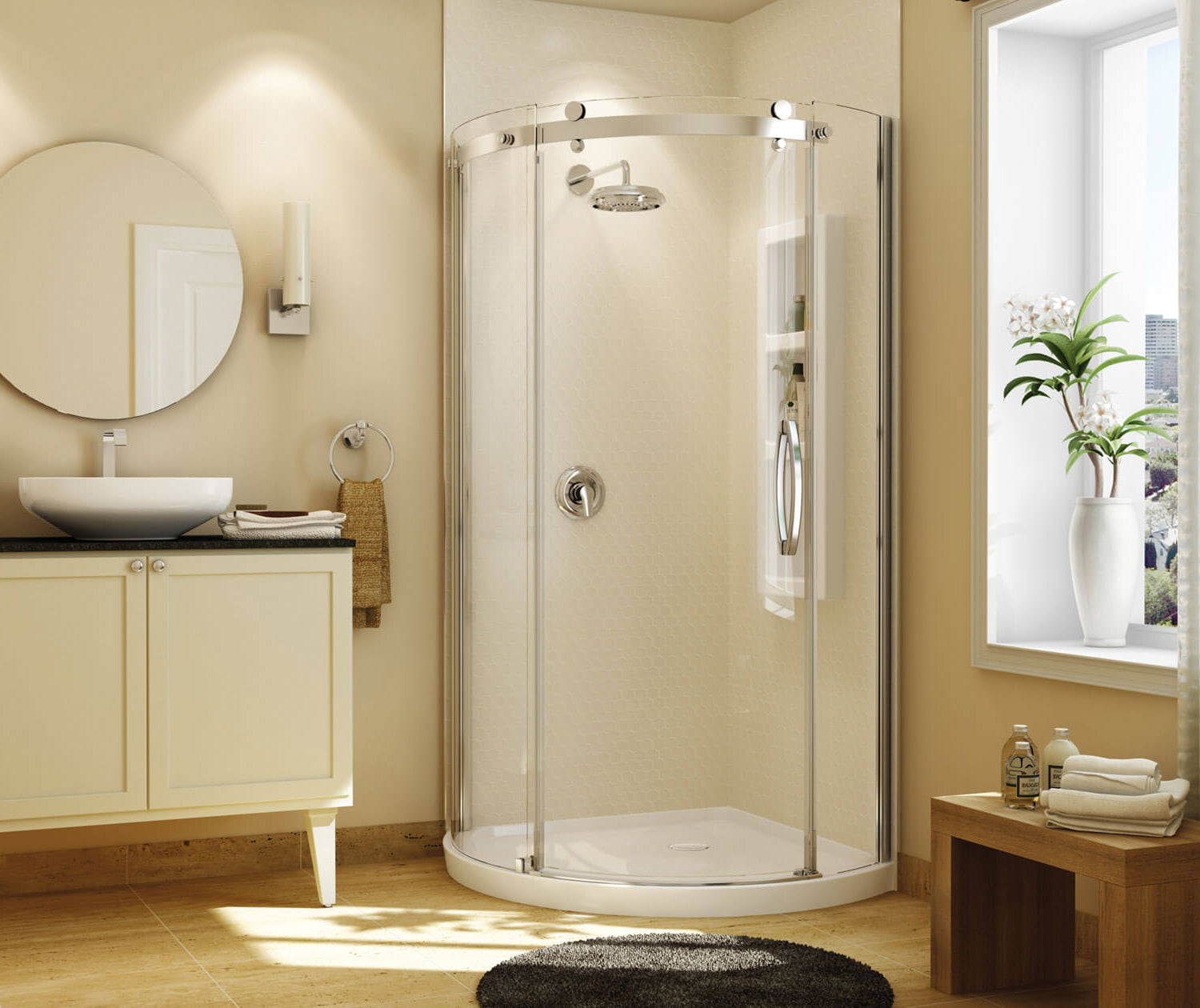 Maax Olympia Round - Right Opening 36 x 36 Acrylic Right-Hand Drain Shower Kit in White with Clear glass  in Chrome 105960-000-001-102 - Plumbing Market