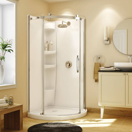 Maax Olympia Round - Right Opening 36 x 36 Acrylic Right-Hand Drain Shower Kit in White with Clear glass  in Chrome 105960-000-001-102 - Plumbing Market