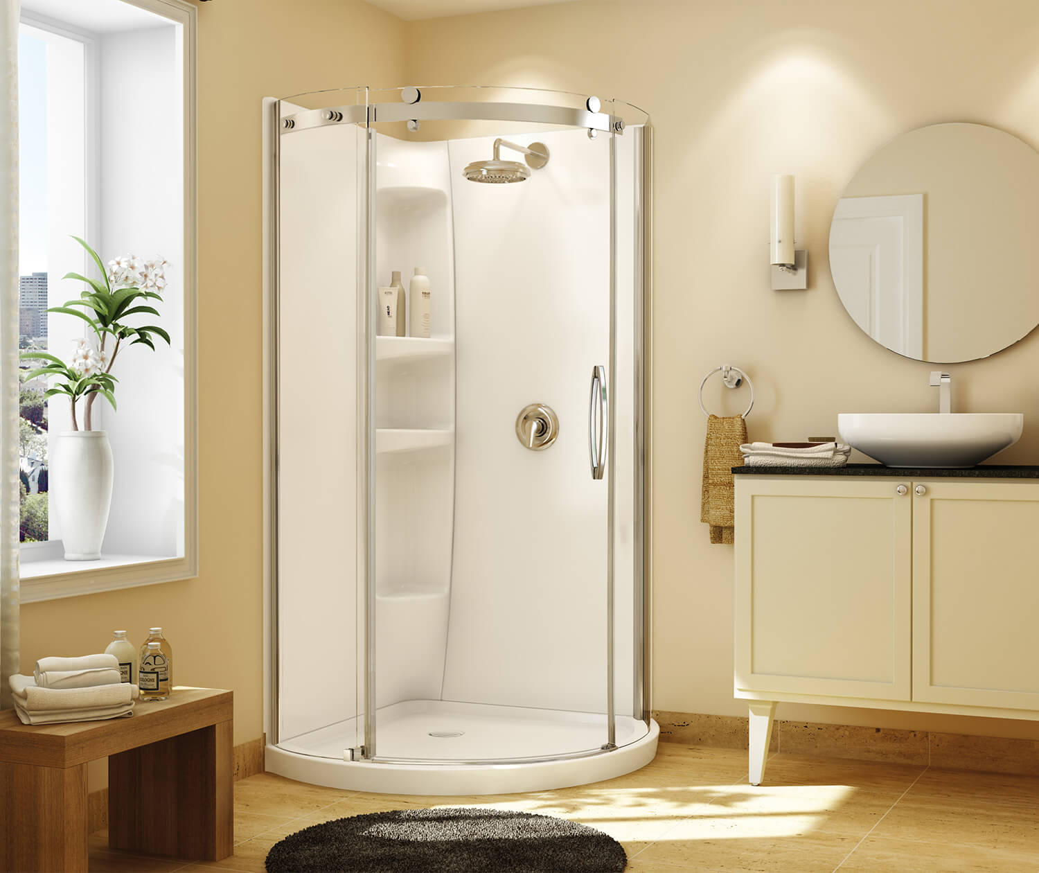 Maax Olympia Round - Right Opening 36 x 36 Acrylic Right-Hand Drain Shower Kit in White with Clear glass  in Chrome 105960-000-001-102 - Plumbing Market