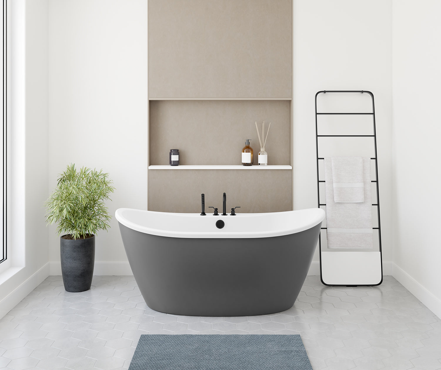 Delsia 6032 AcrylX Freestanding Center Drain Bathtub in White with Thundey Grey Skirt - Plumbing Market