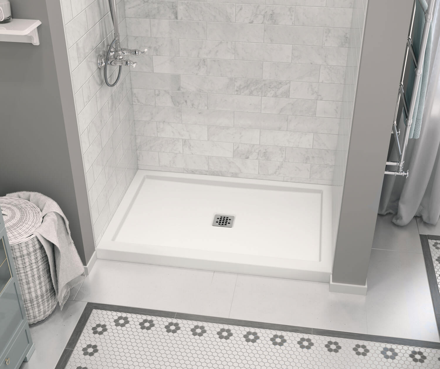 Zone Square Base 48 x 32 Acrylic Alcove or Corner Shower Base in White with Center Drain - Plumbing Market