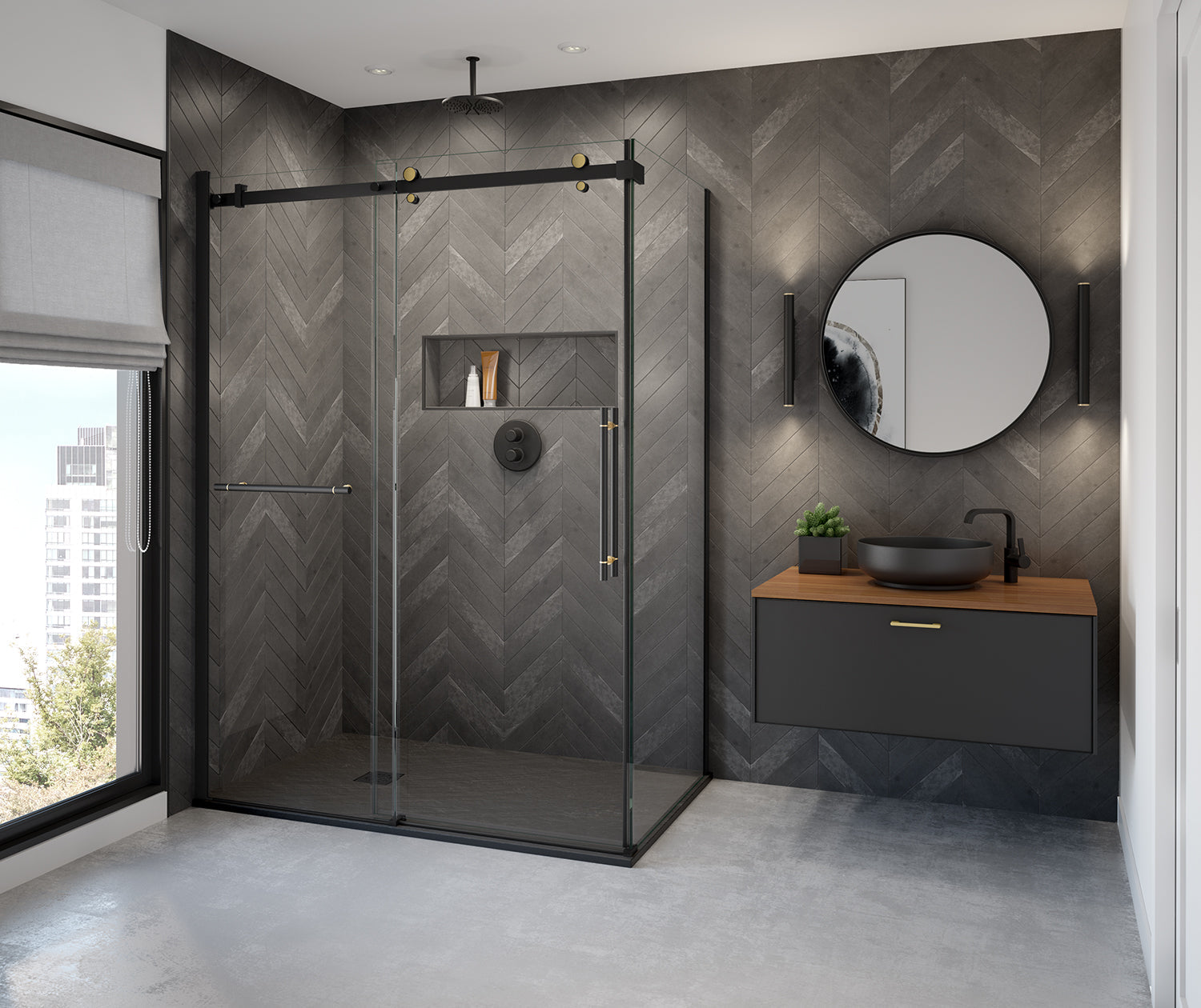 Fossil Base 6036 Natural Stone Alcove or Corner Shower Base with End Drain in Graphite - Plumbing Market