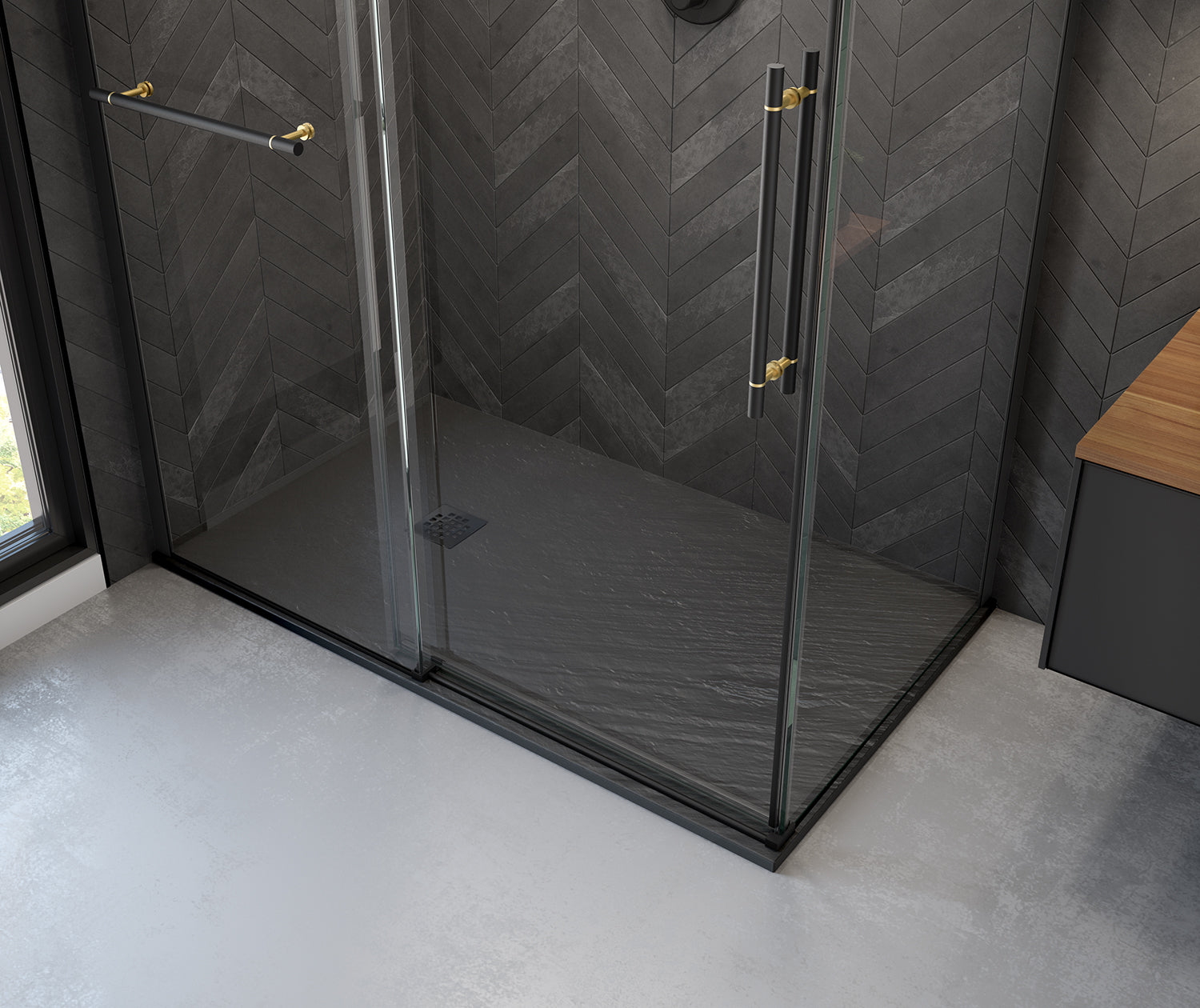 Fossil Base 6036 Natural Stone Alcove or Corner Shower Base with End Drain in Graphite - Plumbing Market