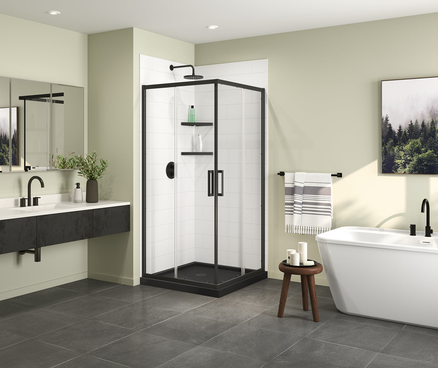 Roka 3636 Acrylic Corner Shower Base with Corner Drain in Black - Plumbing Market