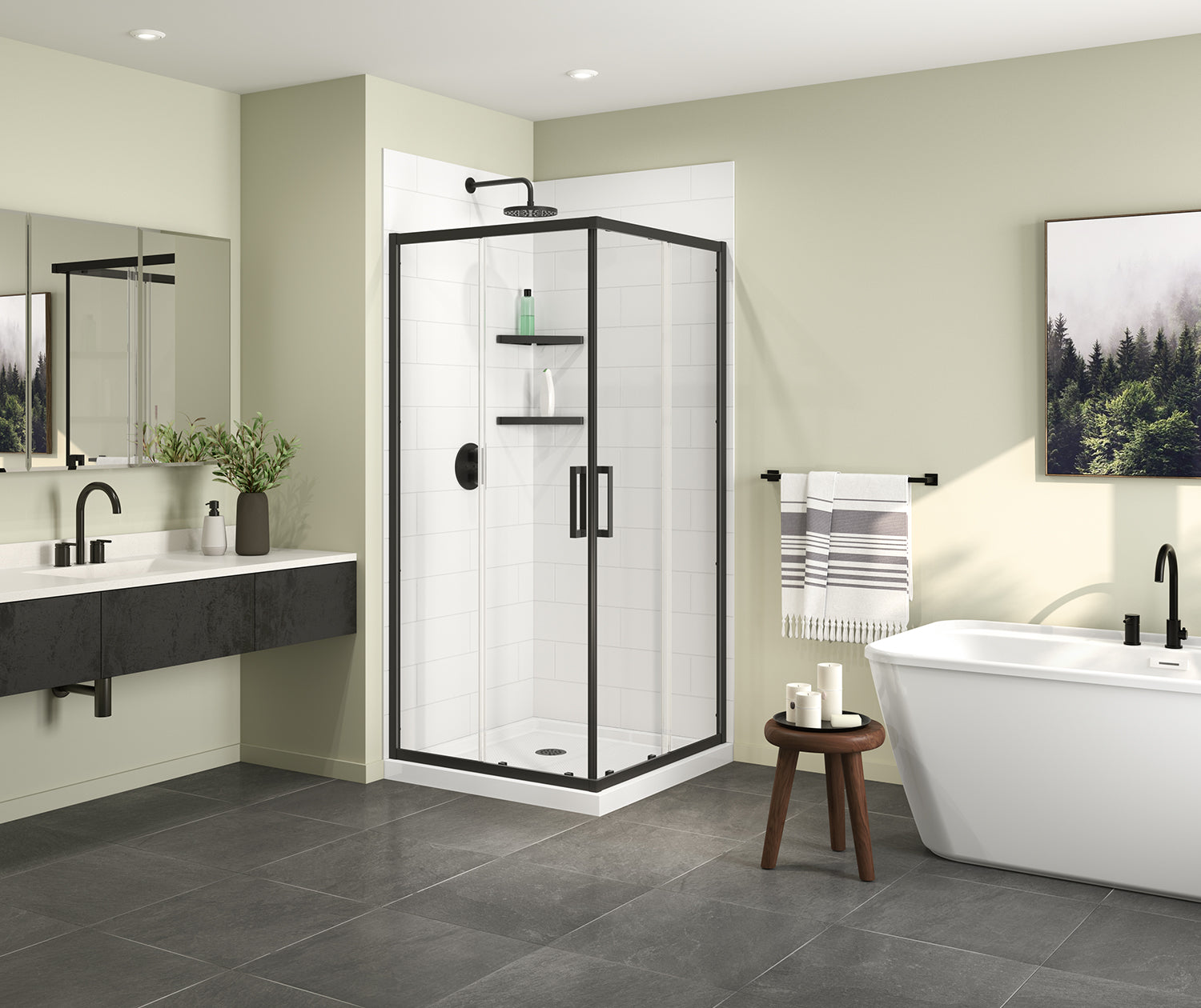Maax Scarlet 36 x 36 Acrylic Corner Drain Shower Kit in White with Clear Glass in Matte Black 107481-900-340-000 - Plumbing Market