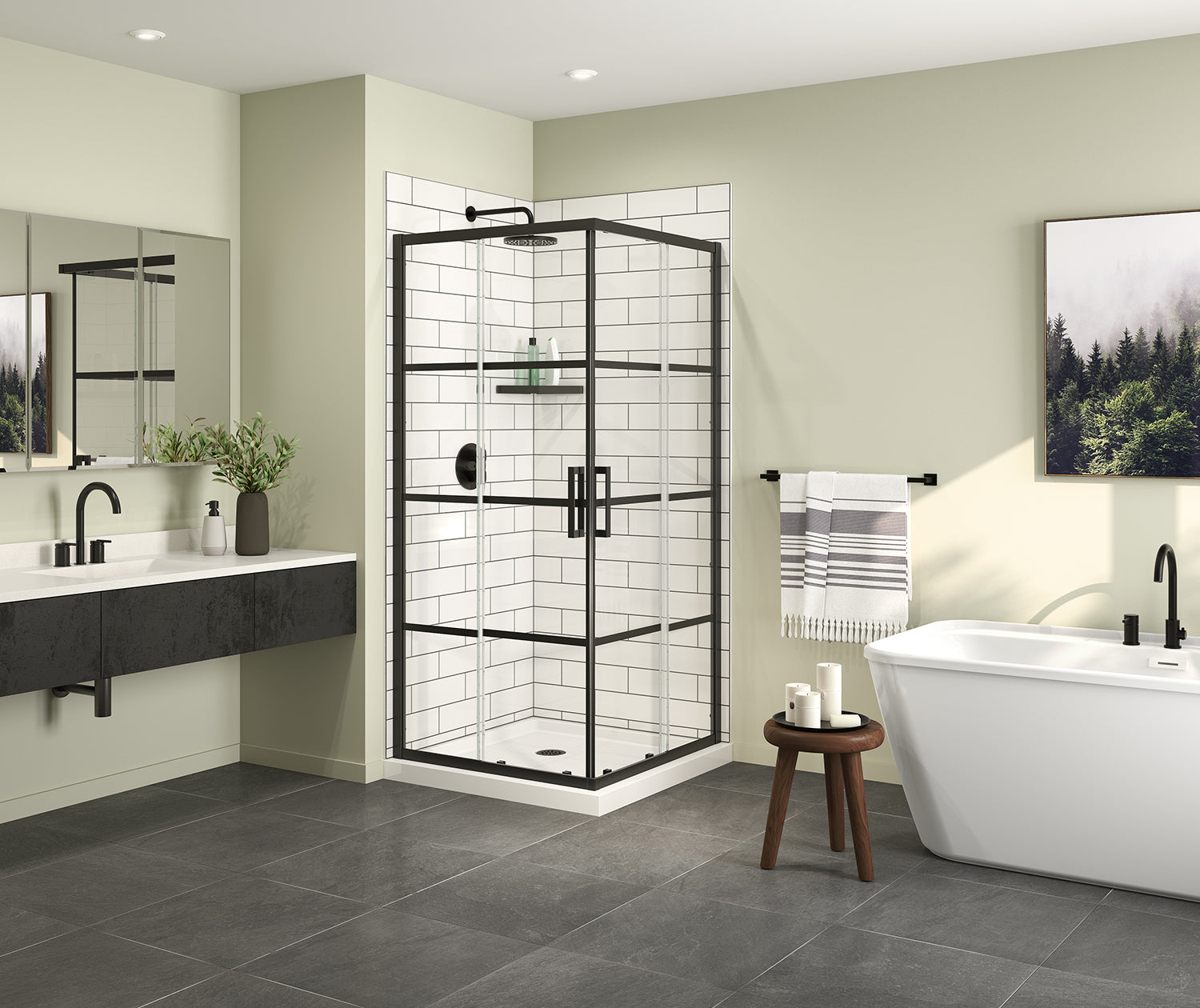 Maax Scarlet 36 x 36 Acrylic Corner Drain Shower Kit in White with Shaker Glass in Matte Black 107481-972-340-000 - Plumbing Market