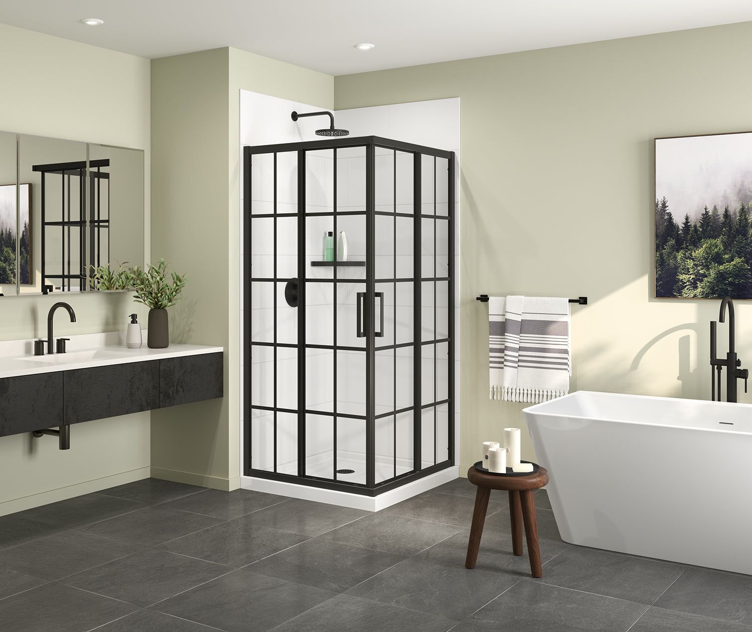 Maax Scarlet 36 x 36 Acrylic Corner Drain Shower Kit in White with French Glass in Matte Black 107481-977-340-000 - Plumbing Market