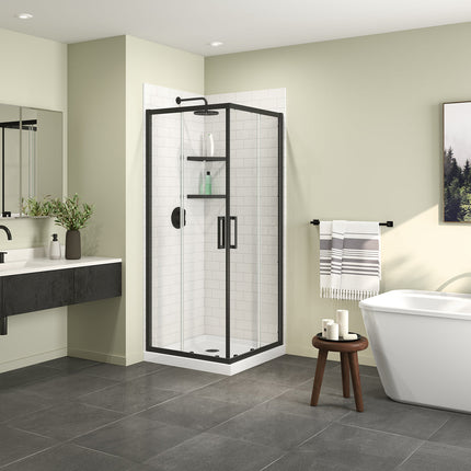 Maax Scarlet 32 x 32 Acrylic Corner Drain Shower Kit in White with Clear Glass in Matte Black 107484-900-340-000 - Plumbing Market