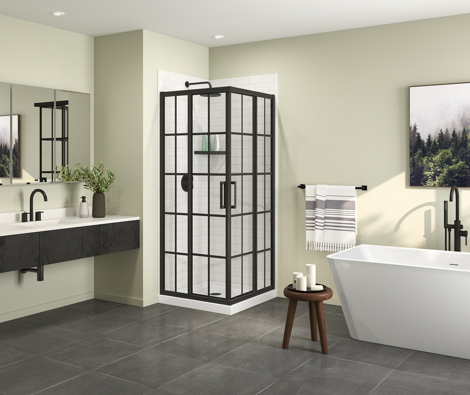Maax Scarlet 32 x 32 Acrylic Corner Drain Shower Kit in White with French Glass in Matte Black 107484-977-340-000 - Plumbing Market