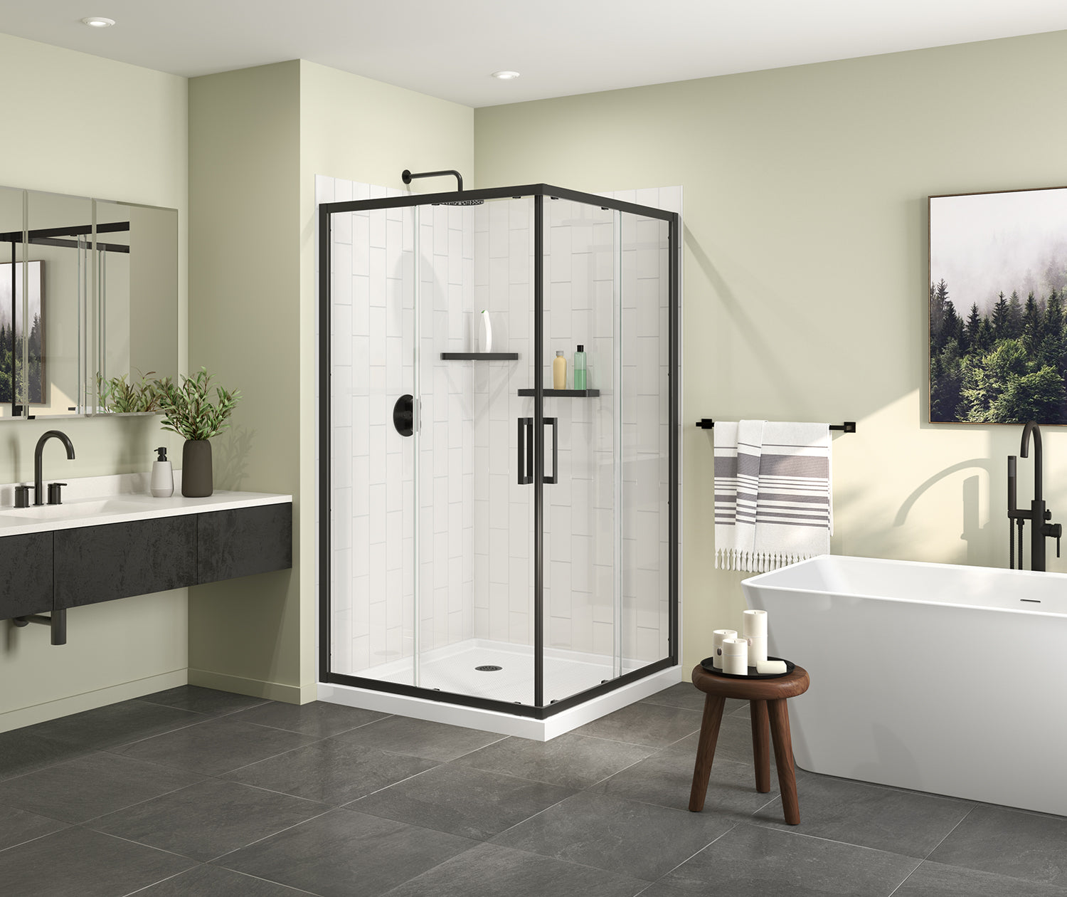 Maax Scarlet 42 x 42 Acrylic Corner Drain Shower Kit in White with Clear Glass in Matte Black 107486-900-340-000 - Plumbing Market