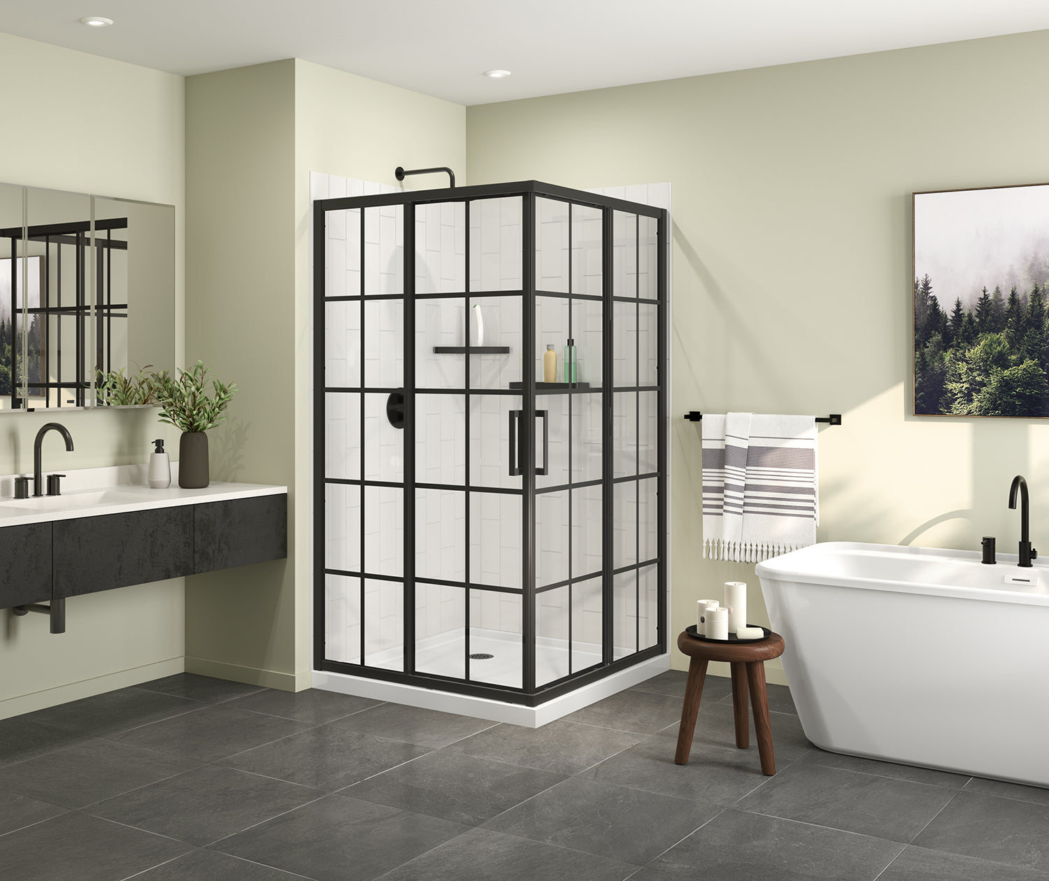 Maax Scarlet 42 x 42 Acrylic Corner Drain Shower Kit in White with French Glass in Matte Black 107486-977-340-000 - Plumbing Market