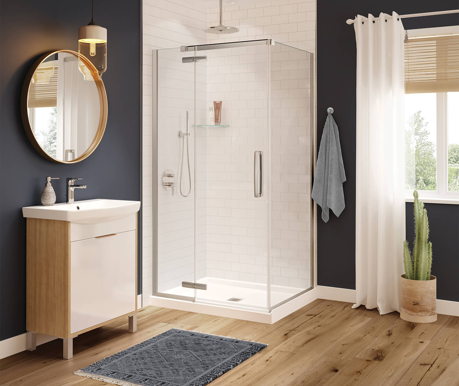 Link Curve Rectangular 42 x 34 x 75 in. 8mm Pivot Shower Door for Corner Installation with Clear glass in Chrome - Plumbing Market