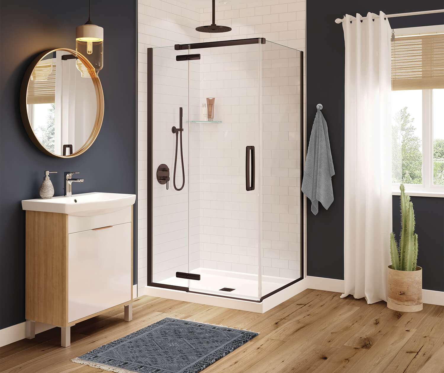 Link Curve Rectangular 42 x 34 x 75 in. 8mm Pivot Shower Door for Corner Installation with Clear glass in Dark Bronze - Plumbing Market