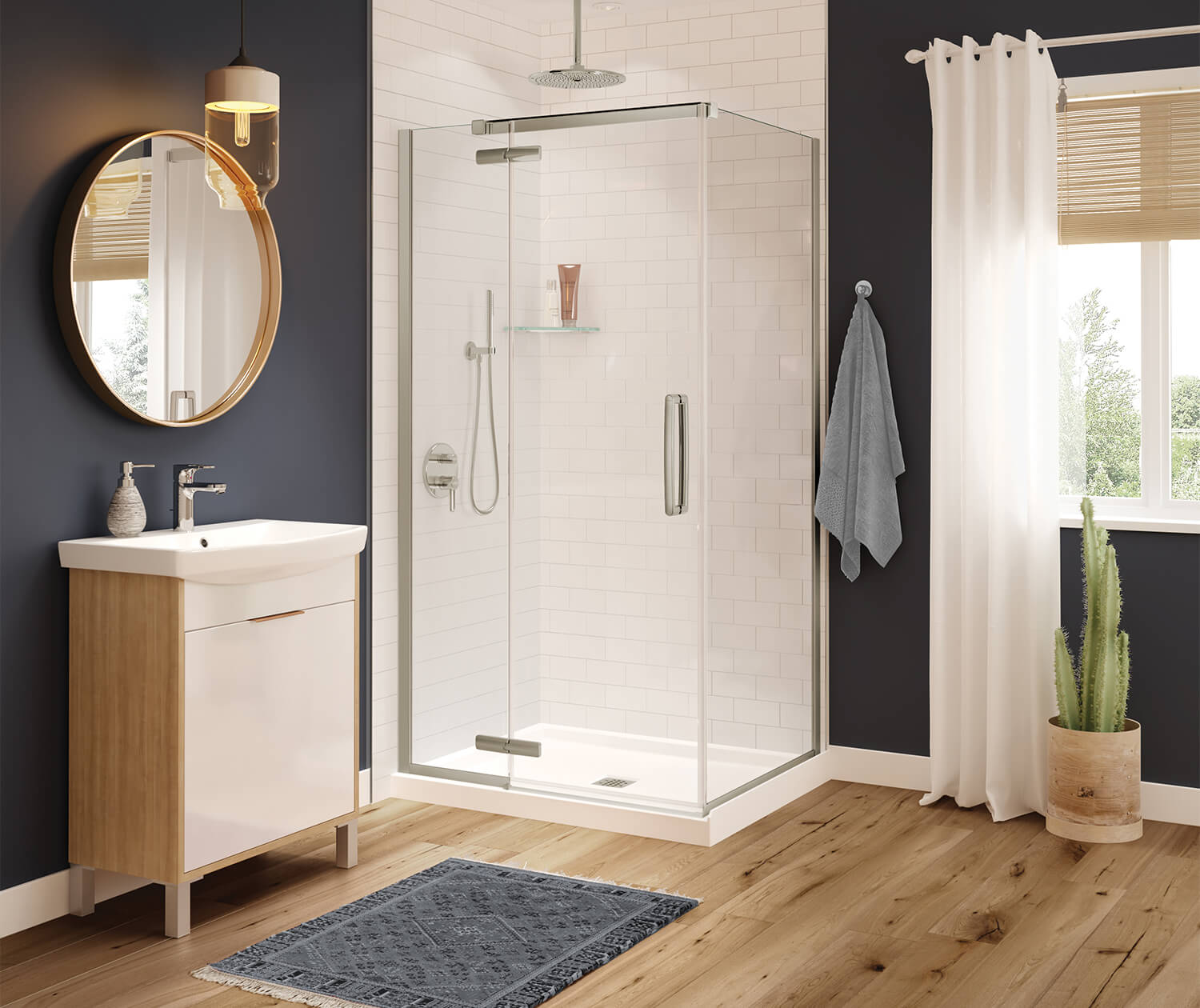 Link Curve Rectangular 42 x 34 x 75 in. 8mm Pivot Shower Door for Corner Installation with Clear glass in Brushed Nickel - Plumbing Market