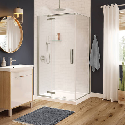 Link Curve Rectangular 42 x 34 x 75 in. 8mm Pivot Shower Door for Corner Installation with Clear glass in Brushed Nickel - Plumbing Market