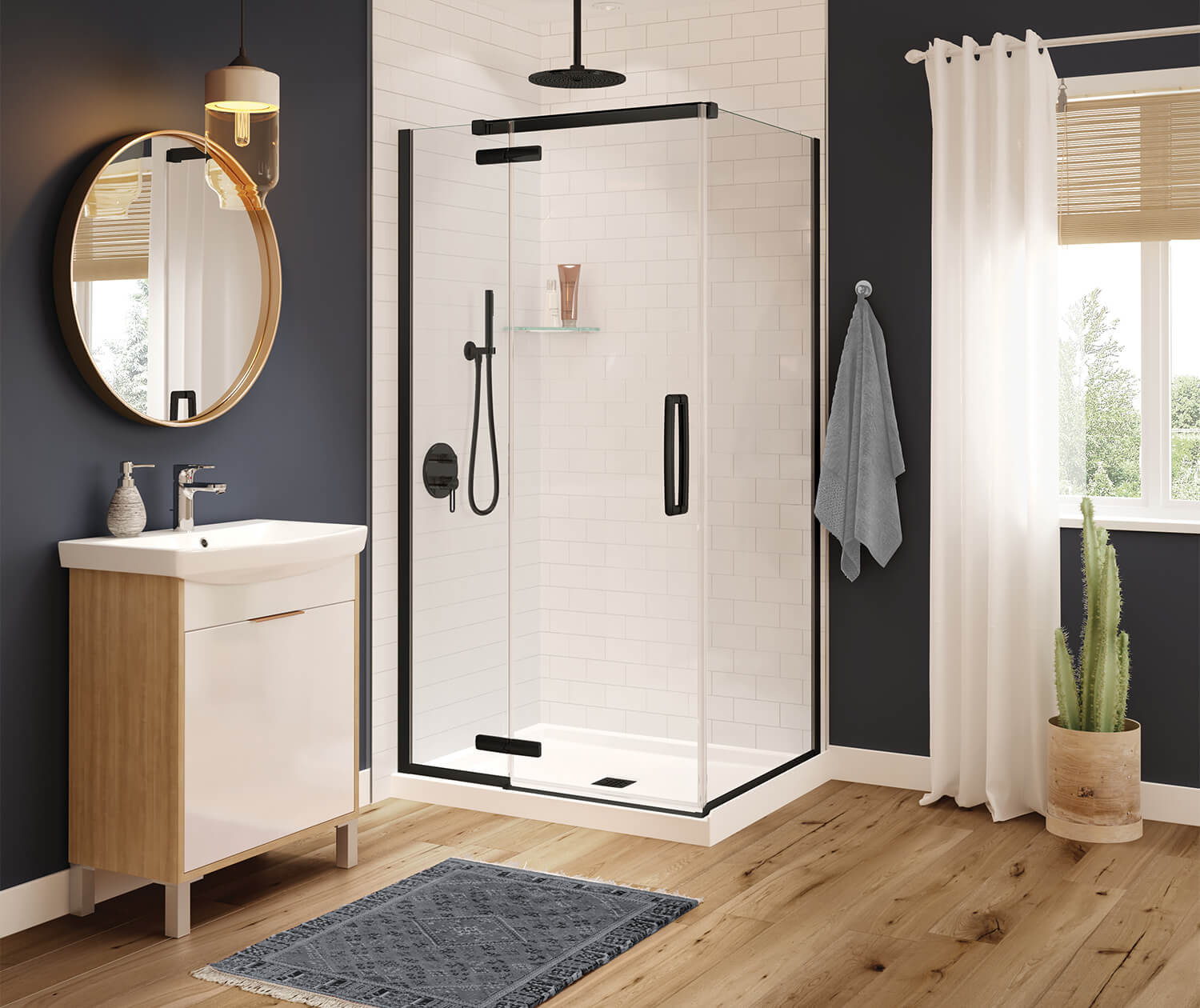 Link Curve Rectangular 42 x 34 x 75 in. 8mm Pivot Shower Door for Corner Installation with Clear glass in Matte Black - Plumbing Market