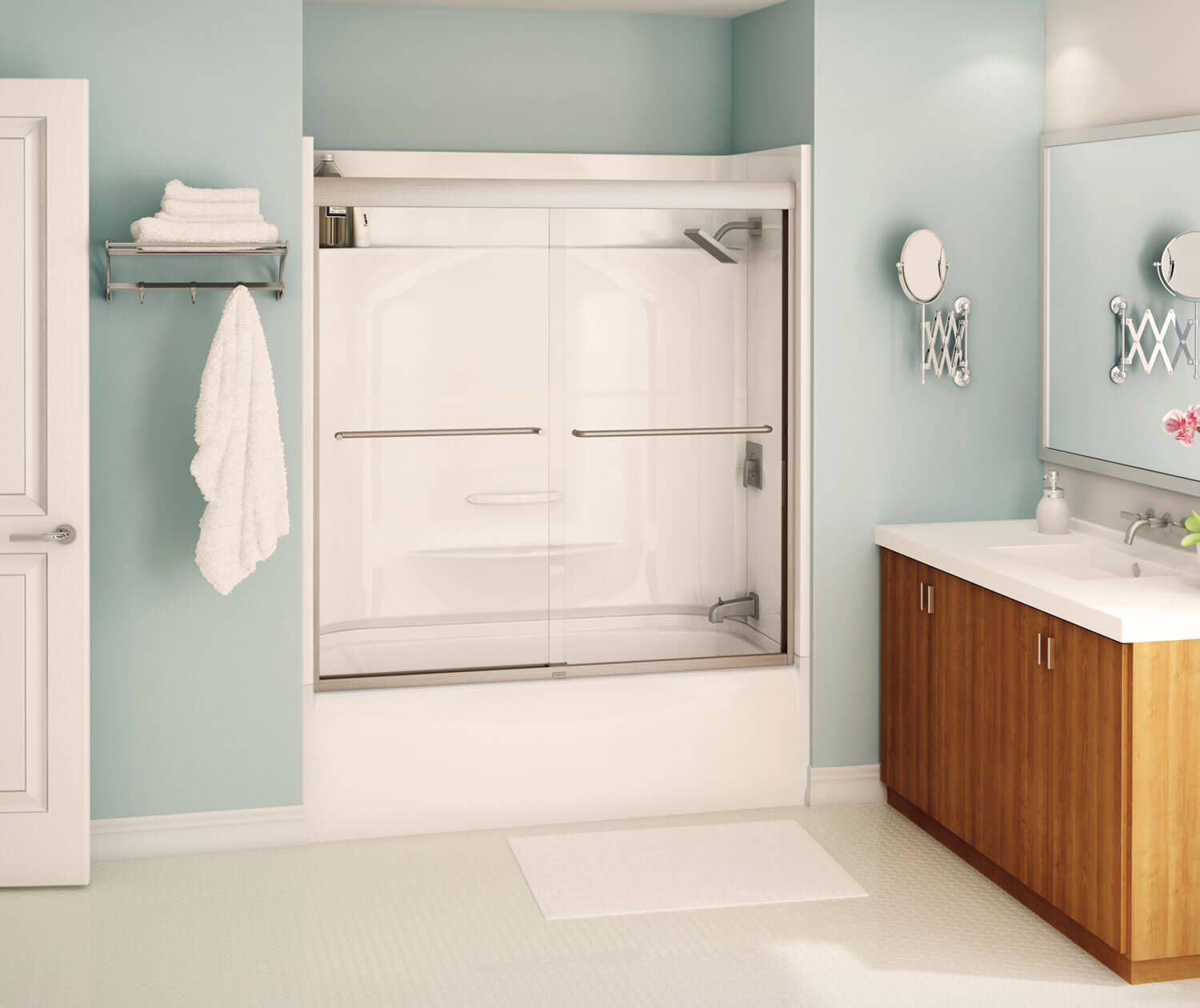 Kameleon 55-59 x 57 in. 8 mm Bypass Tub Door for Alcove Installation with Clear glass in Brushed Nickel - Plumbing Market
