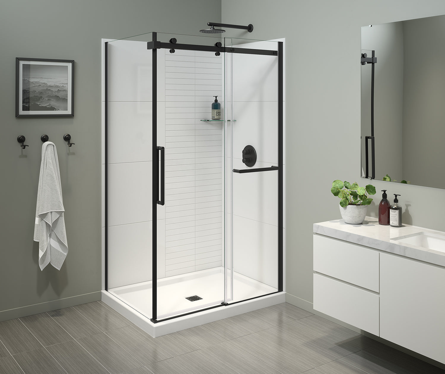 Halo Pro 48 x 32 x 78 3/4 in. 8mm Sliding Shower Door with Towel Bar for Corner Installation with Clear glass in Matte Black - Plumbing Market