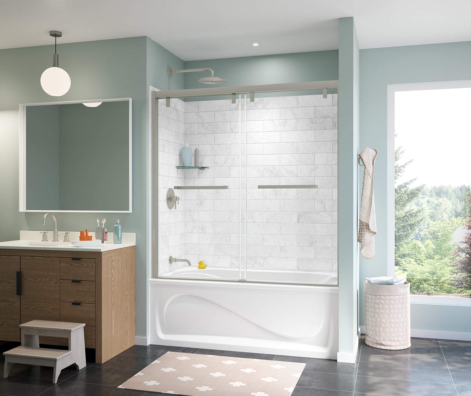 Uptown 56-59 x 58 in. 8 mm Bypass Tub Door for Alcove Installation with Clear glass in Brushed Nickel - Plumbing Market