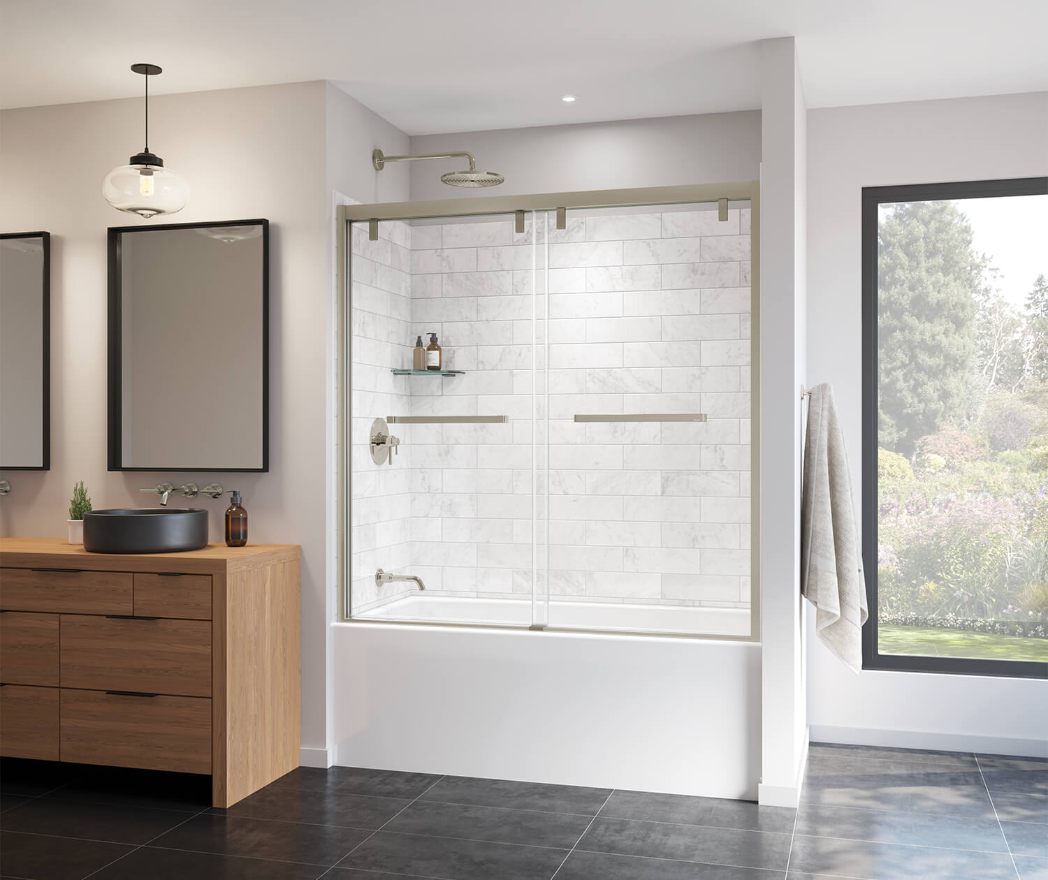 Uptown 56-59 x 58 in. 8 mm Bypass Tub Door for Alcove Installation with Clear glass in Brushed Nickel - Plumbing Market