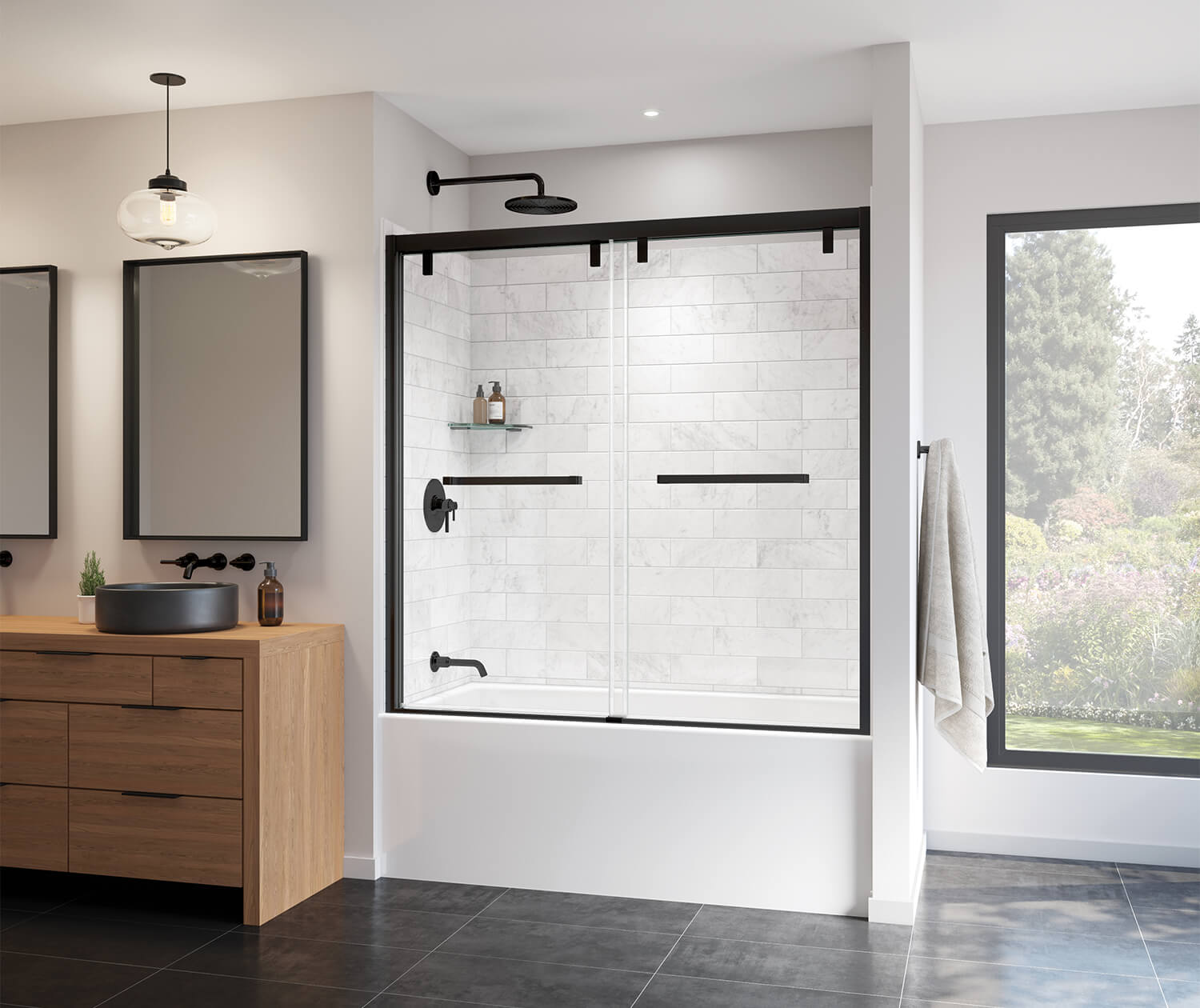 Uptown 56-59 x 58 in. 8 mm Bypass Tub Door for Alcove Installation with Clear glass in Matte Black - Plumbing Market