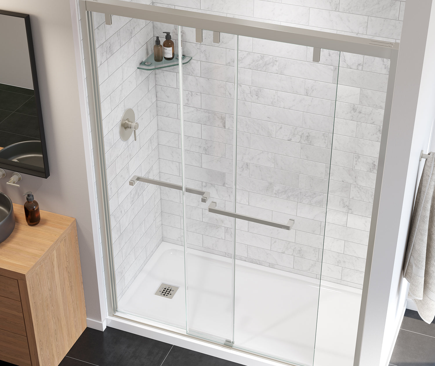 Uptown 56-59 x 76 in. 8 mm Bypass Shower Door for Alcove Installation with Clear glass in Brushed Nickel - Plumbing Market