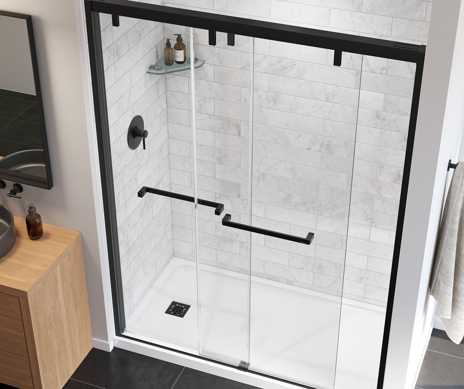 Uptown 56-59 x 76 in. 8 mm Bypass Shower Door for Alcove Installation with Clear glass in Matte Black - Plumbing Market