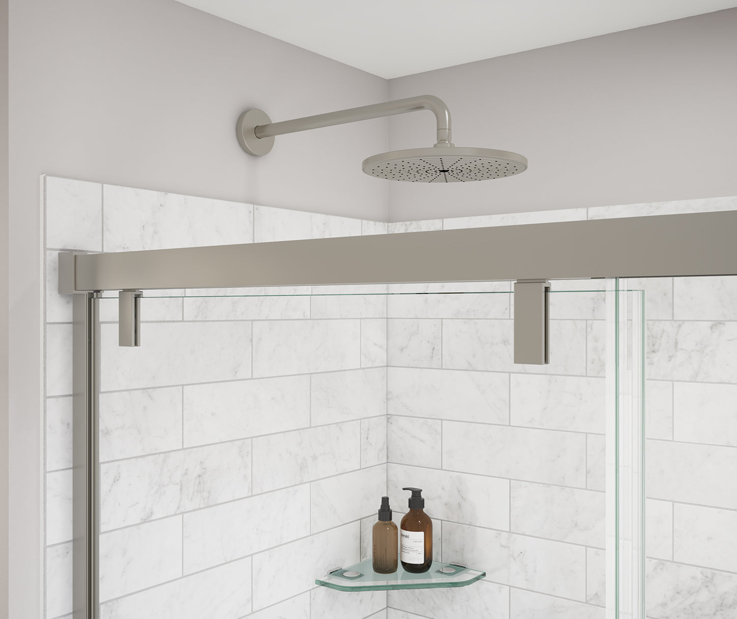 Uptown 56-59 x 76 in. 8 mm Sliding Shower Door for Alcove Installation with Clear glass in Brushed Nickel - Plumbing Market