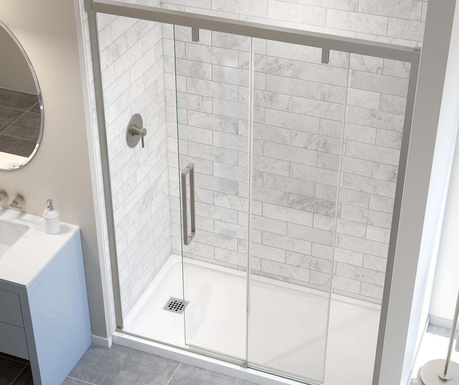 Uptown 56-59 x 76 in. 8 mm Sliding Shower Door for Alcove Installation with Clear glass in Brushed Nickel - Plumbing Market