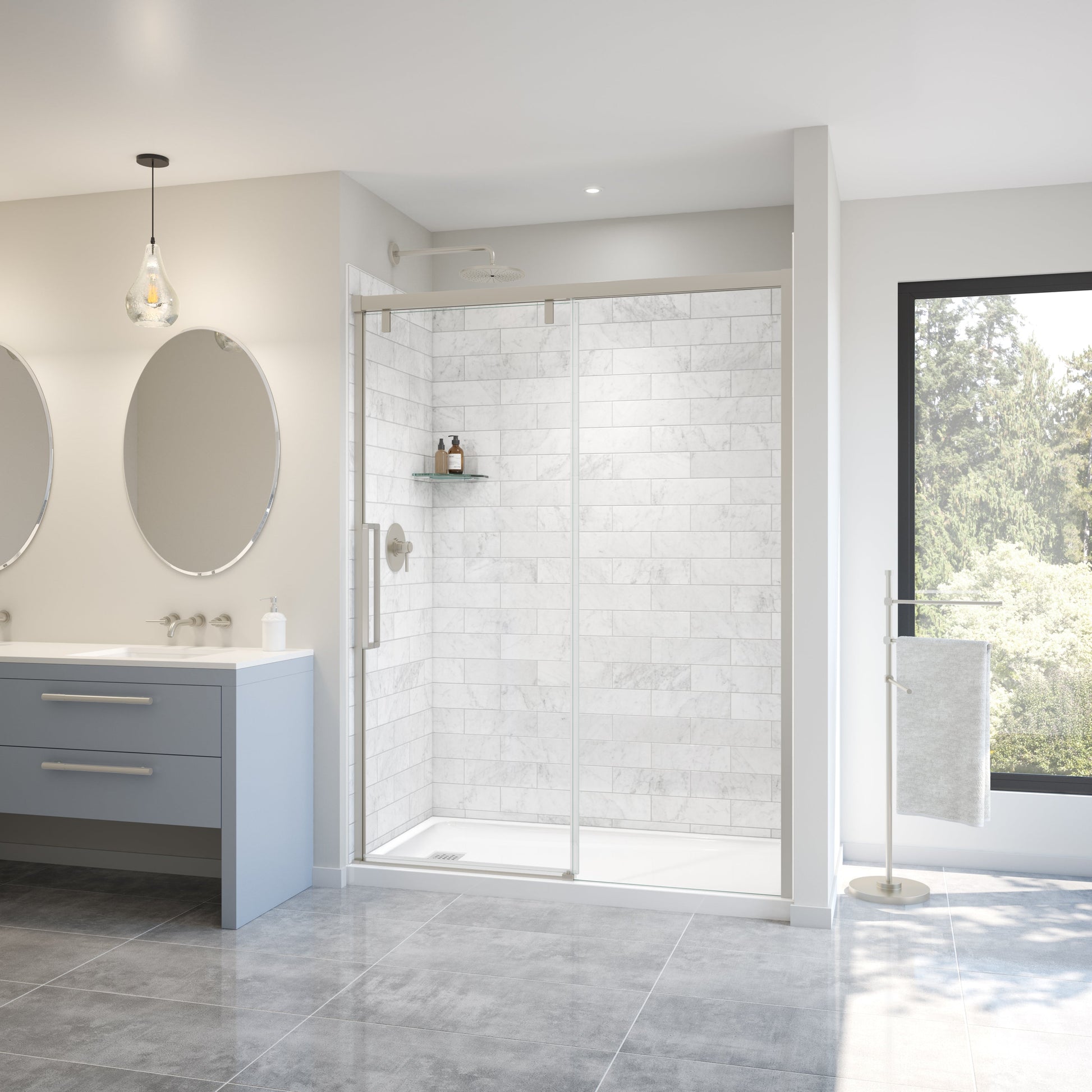 Uptown 56-59 x 76 in. 8 mm Sliding Shower Door for Alcove Installation with Clear glass in Brushed Nickel - Plumbing Market