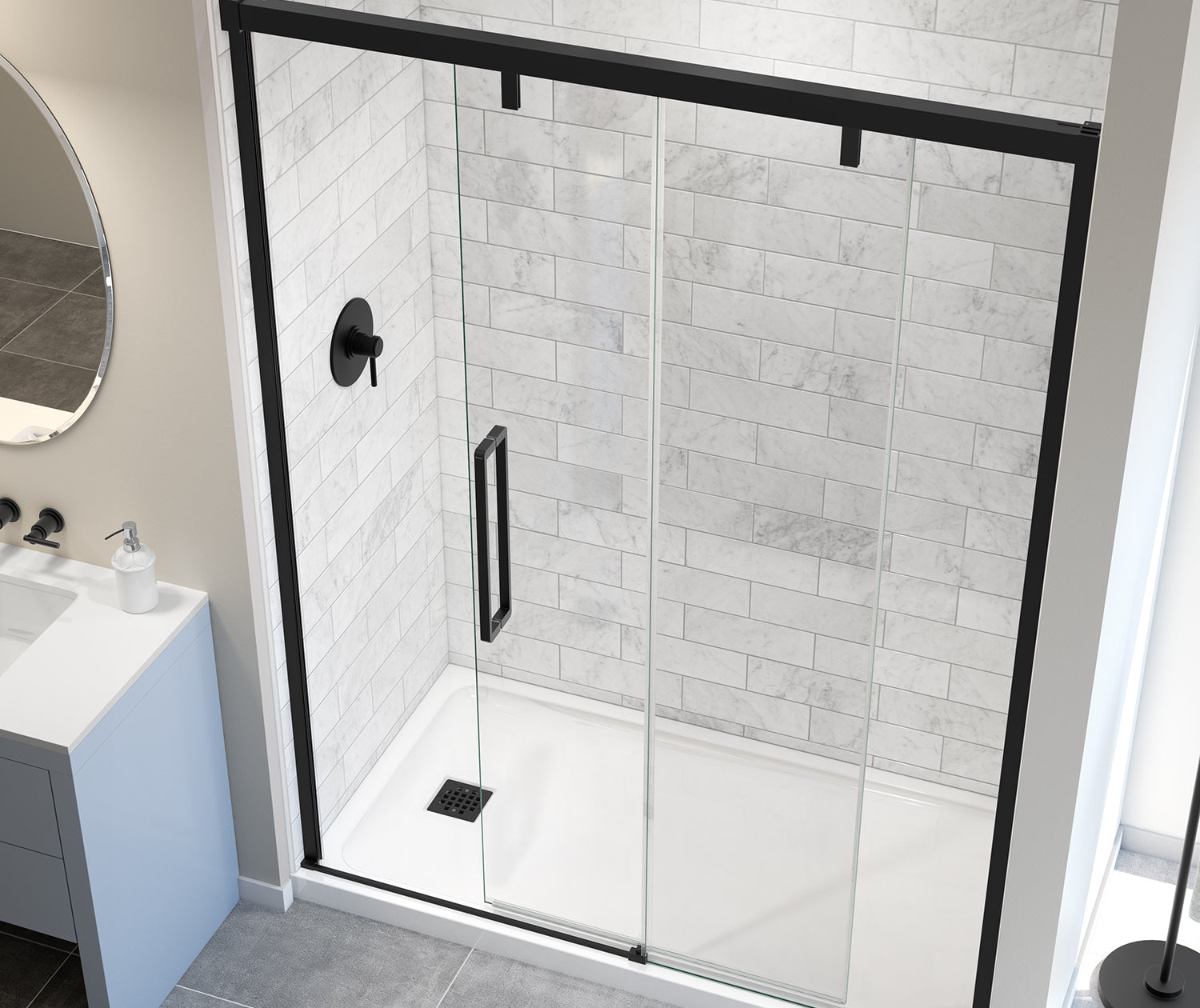 Uptown 56-59 x 76 in. 8 mm Sliding Shower Door for Alcove Installation with Clear glass in Matte Black - Plumbing Market
