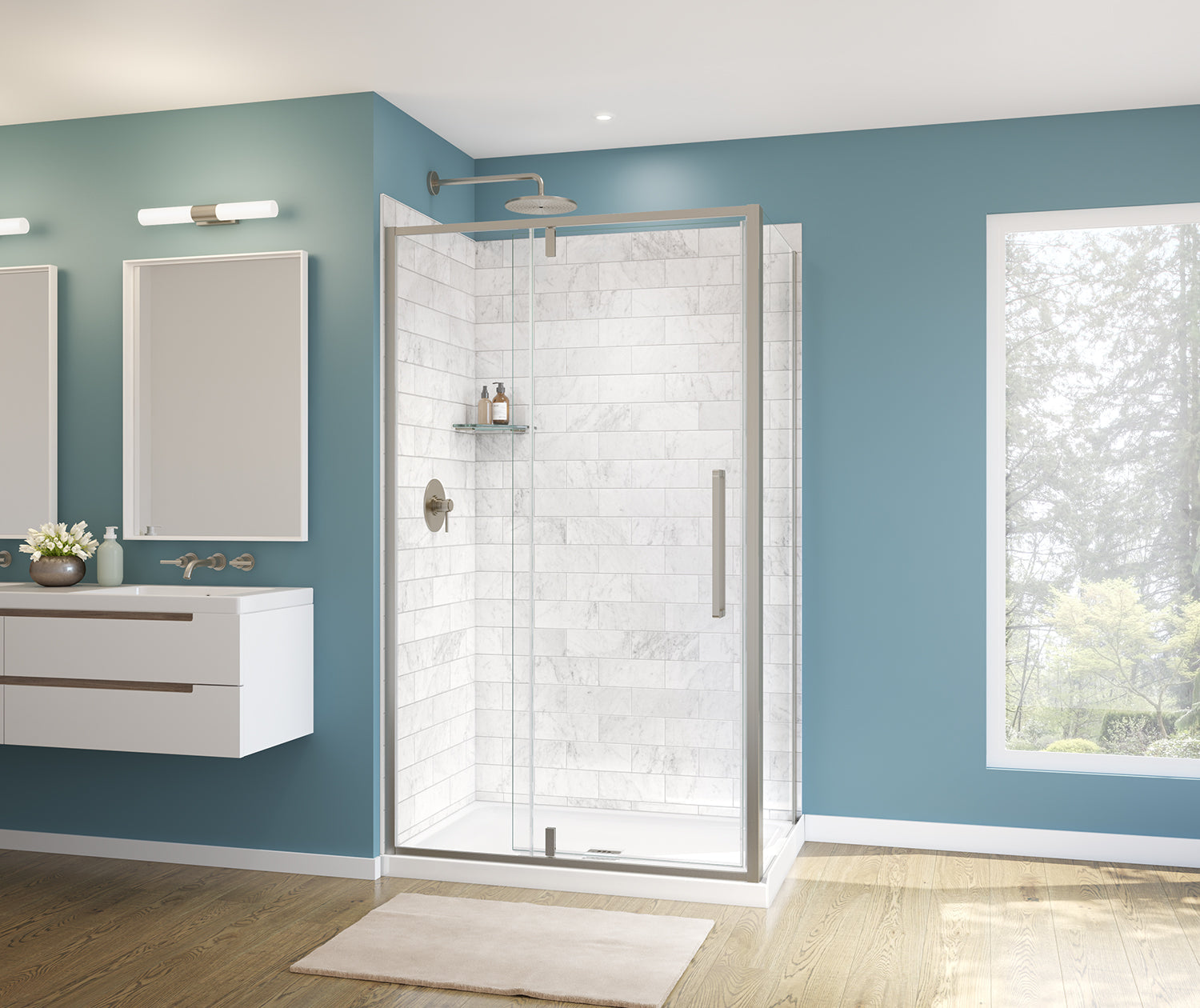 Uptown 45-47 x 76 in. 8 mm Pivot Shower Door for Alcove Installation with Clear glass in Brushed Nickel - Plumbing Market