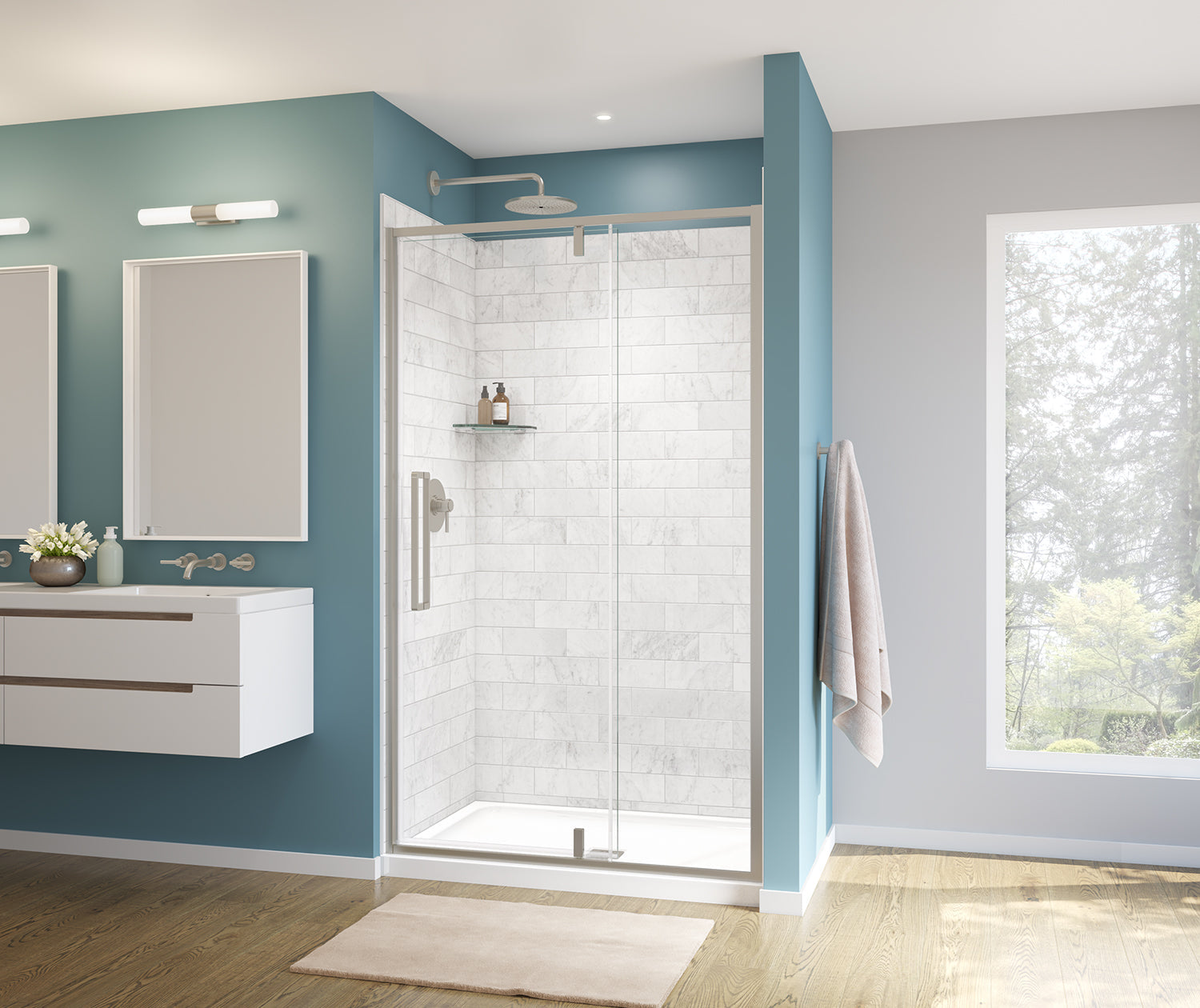 Uptown 45-47 x 76 in. 8 mm Pivot Shower Door for Alcove Installation with Clear glass in Brushed Nickel - Plumbing Market