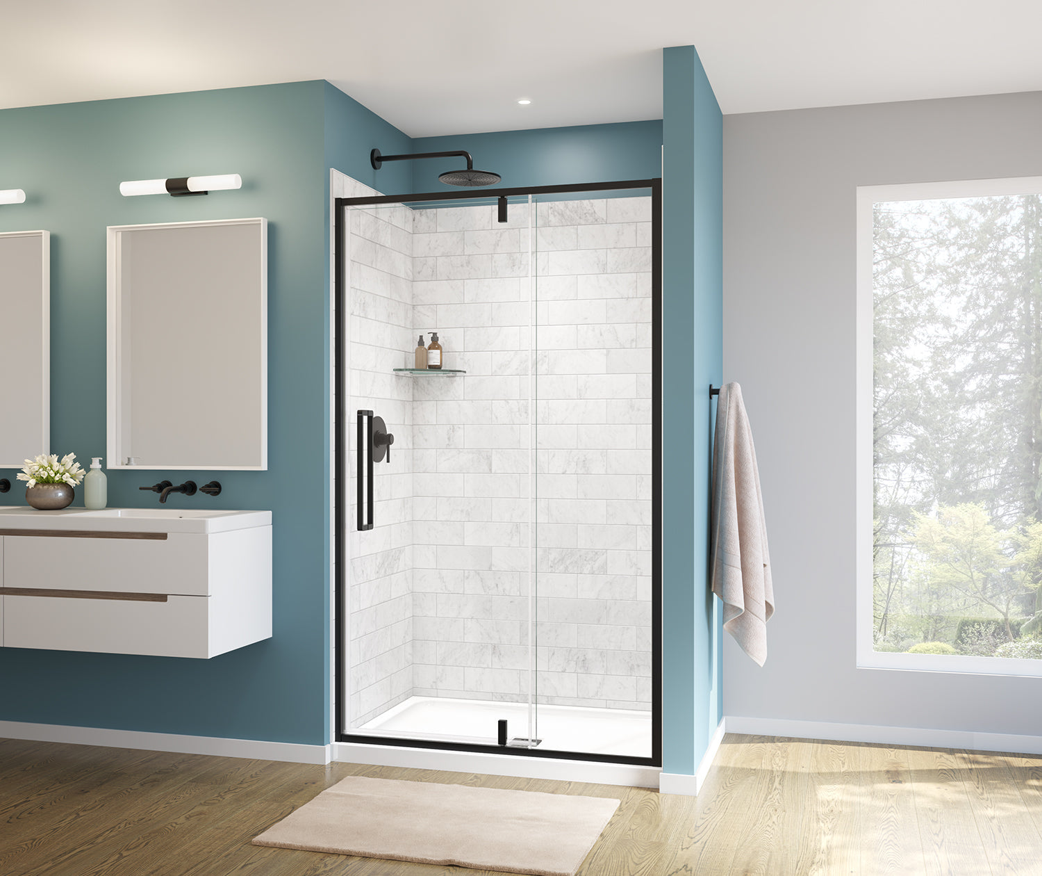 Uptown 45-47 x 76 in. 8 mm Pivot Shower Door for Alcove Installation with Clear glass in Matte Black - Plumbing Market