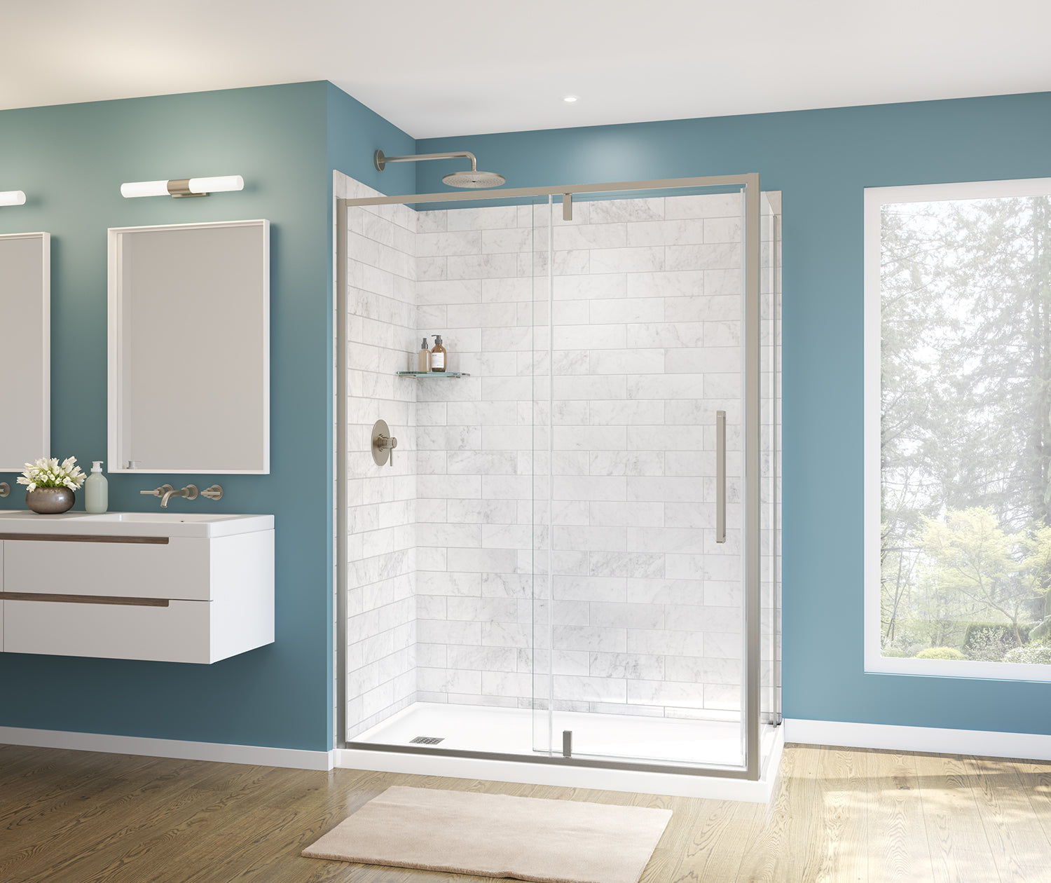 Uptown 57-59 x 76 in. 8 mm Pivot Shower Door for Alcove Installation with Clear glass in Brushed Nickel - Plumbing Market