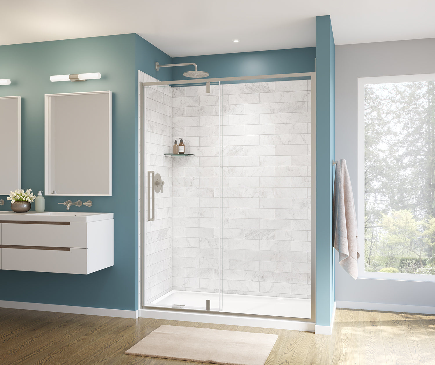 Uptown 57-59 x 76 in. 8 mm Pivot Shower Door for Alcove Installation with Clear glass in Brushed Nickel - Plumbing Market