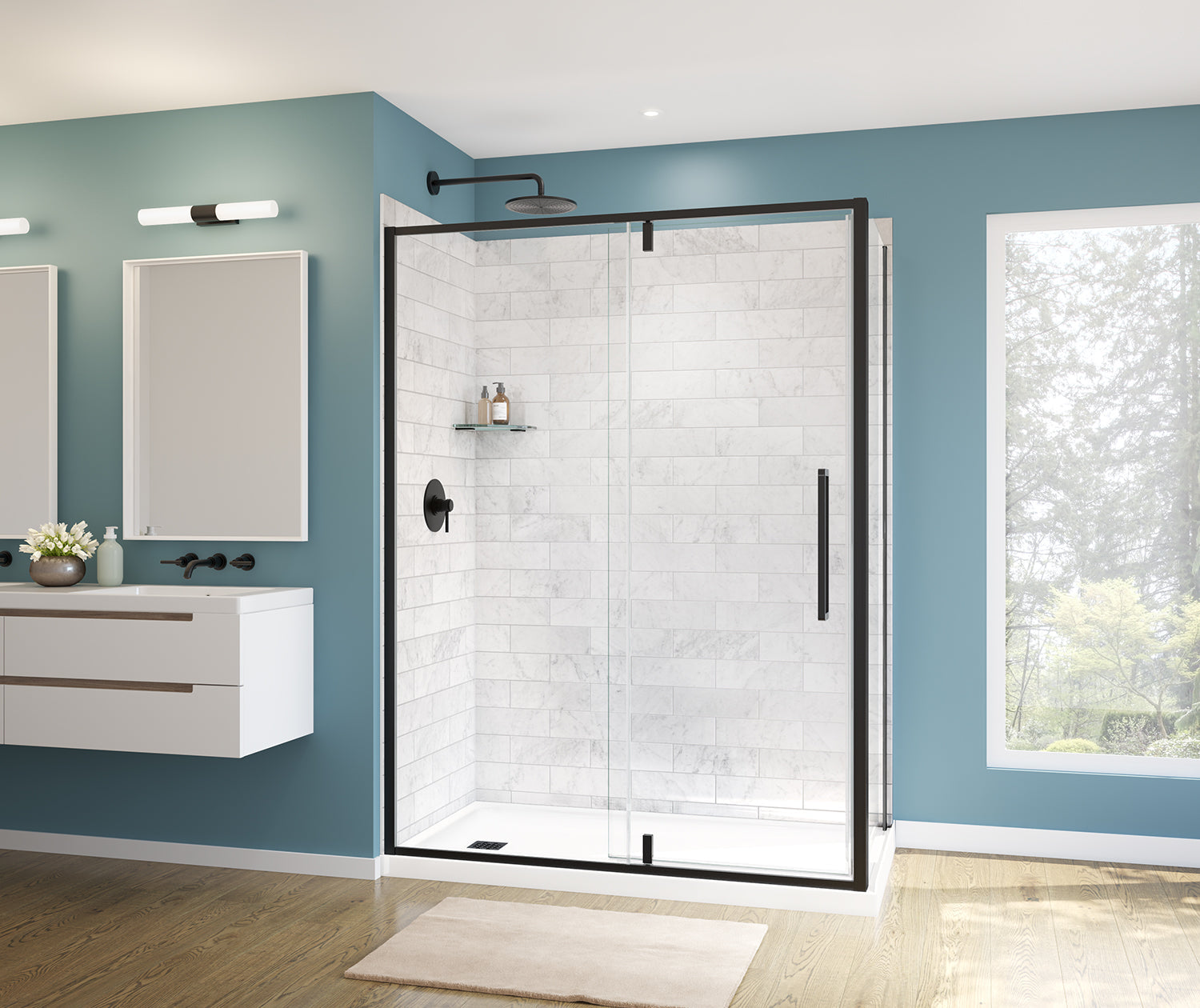 Uptown 57-59 x 76 in. 8 mm Pivot Shower Door for Alcove Installation with Clear glass in Matte Black - Plumbing Market