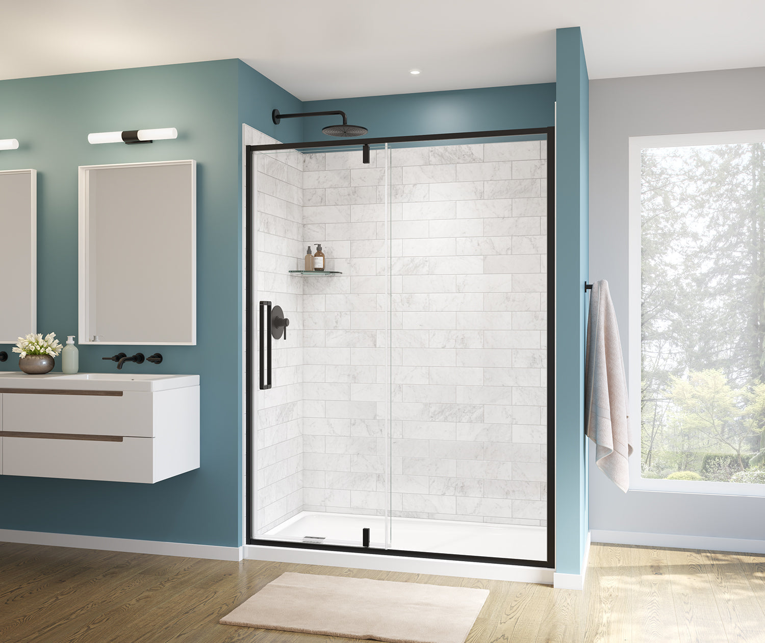 Uptown 57-59 x 76 in. 8 mm Pivot Shower Door for Alcove Installation with Clear glass in Matte Black - Plumbing Market