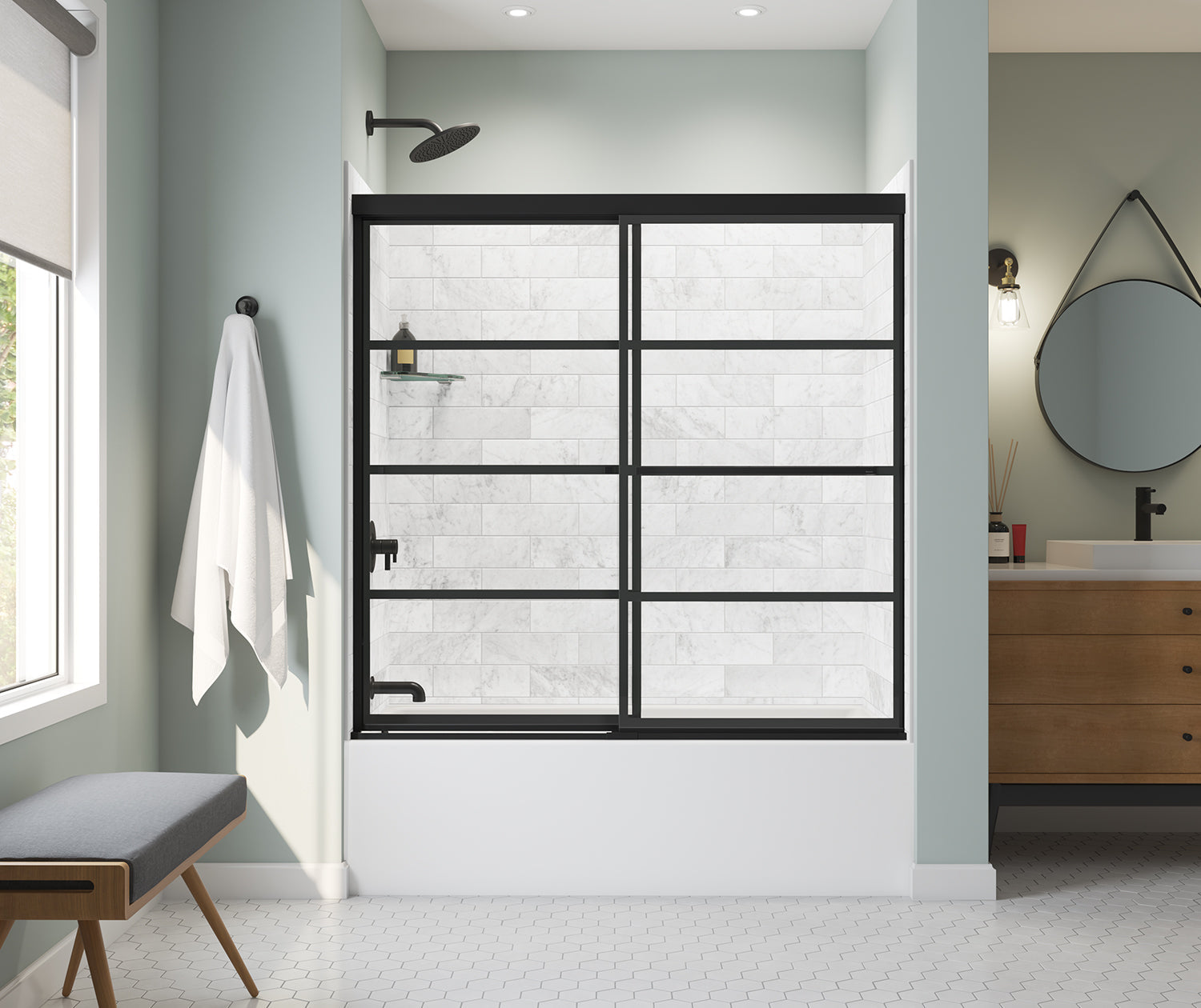 Incognito 57 Shaker 56-59 x 56 ¾ in. 8mm Bypass Tub Door for Alcove Installation with Shaker glass in Matte Black - Plumbing Market
