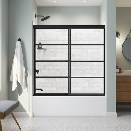Incognito 57 Shaker 56-59 x 56 ¾ in. 8mm Bypass Tub Door for Alcove Installation with Shaker glass in Matte Black - Plumbing Market