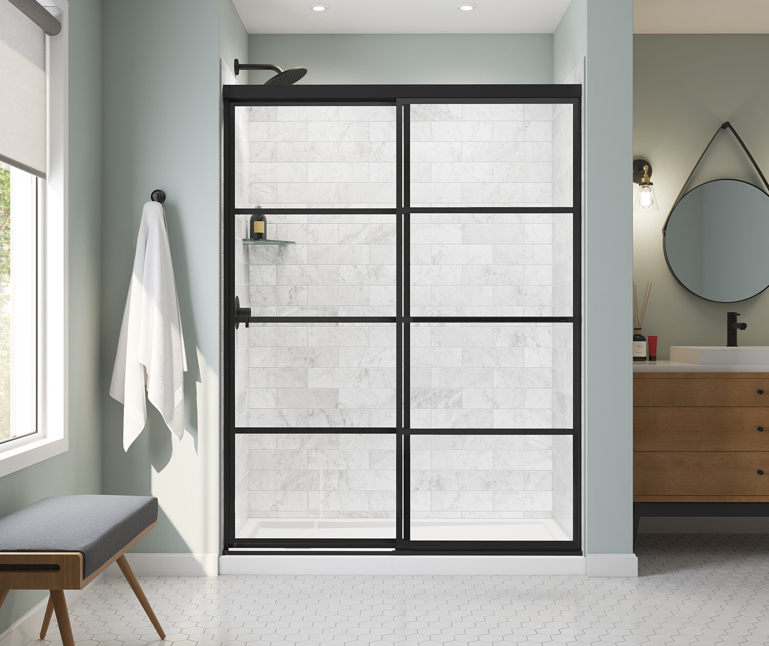 Incognito 76 Shaker 56-59 x 76 in. 8mm Bypass Shower Door for Alcove Installation with Shaker glass in Matte Black - Plumbing Market