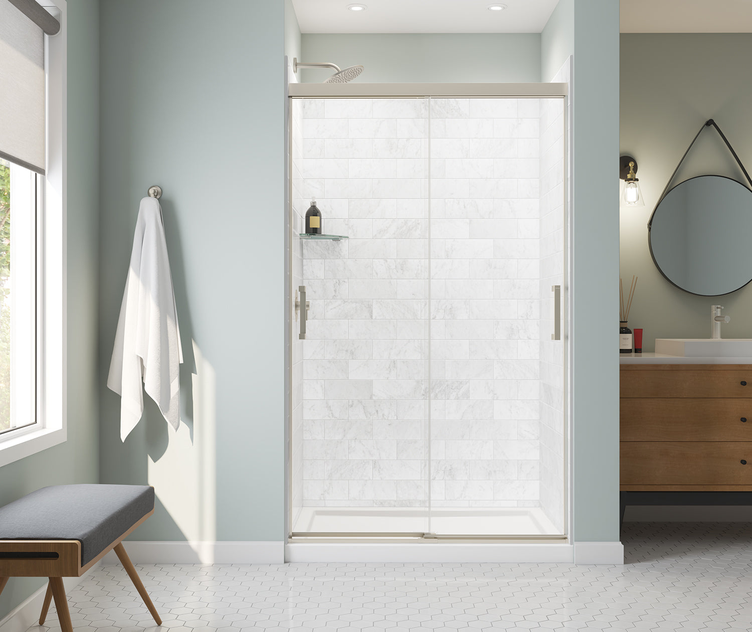 Incognito 76 44-47 x 76 in. 8mm Bypass Shower Door for Alcove Installation with Clear glass in Brushed Nickel - Plumbing Market