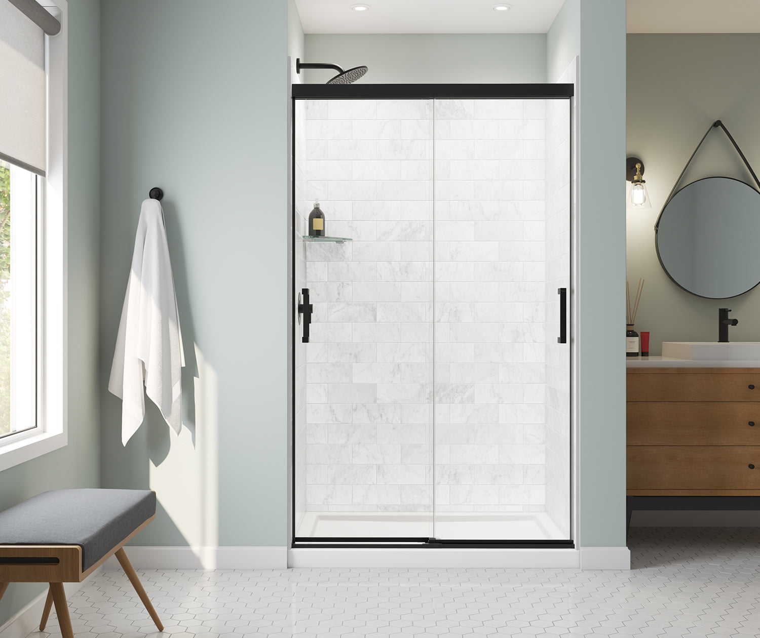 Incognito 76 44-47 x 76 in. 8mm Bypass Shower Door for Alcove Installation with Clear glass in Matte Black - Plumbing Market