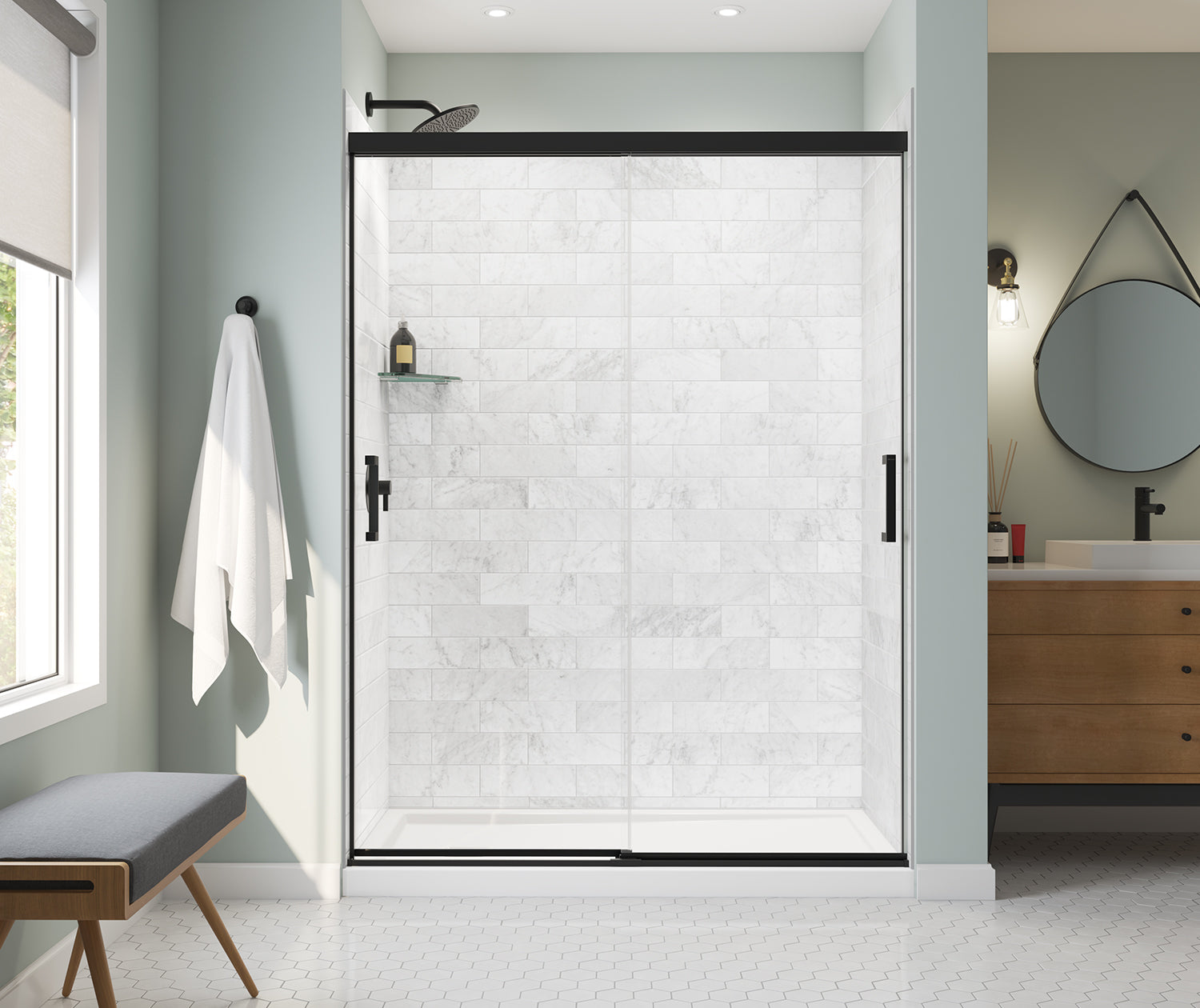 Incognito 76 56-59 x 76 in. 8mm Bypass Shower Door for Alcove Installation with Clear glass in Matte Black - Plumbing Market