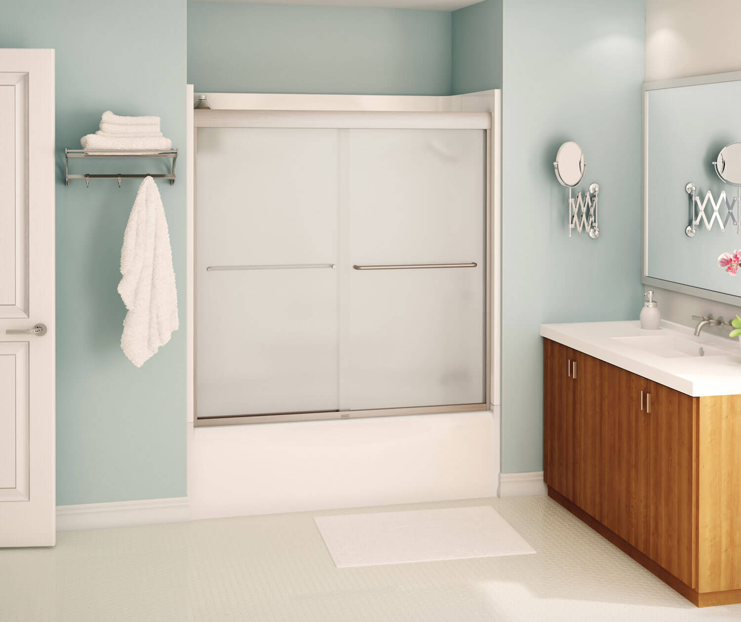 Aura 55-59 x 57 in. 6 mm Sliding Tub Door for Alcove Installation with Frosted glass in Brushed Nickel - Plumbing Market