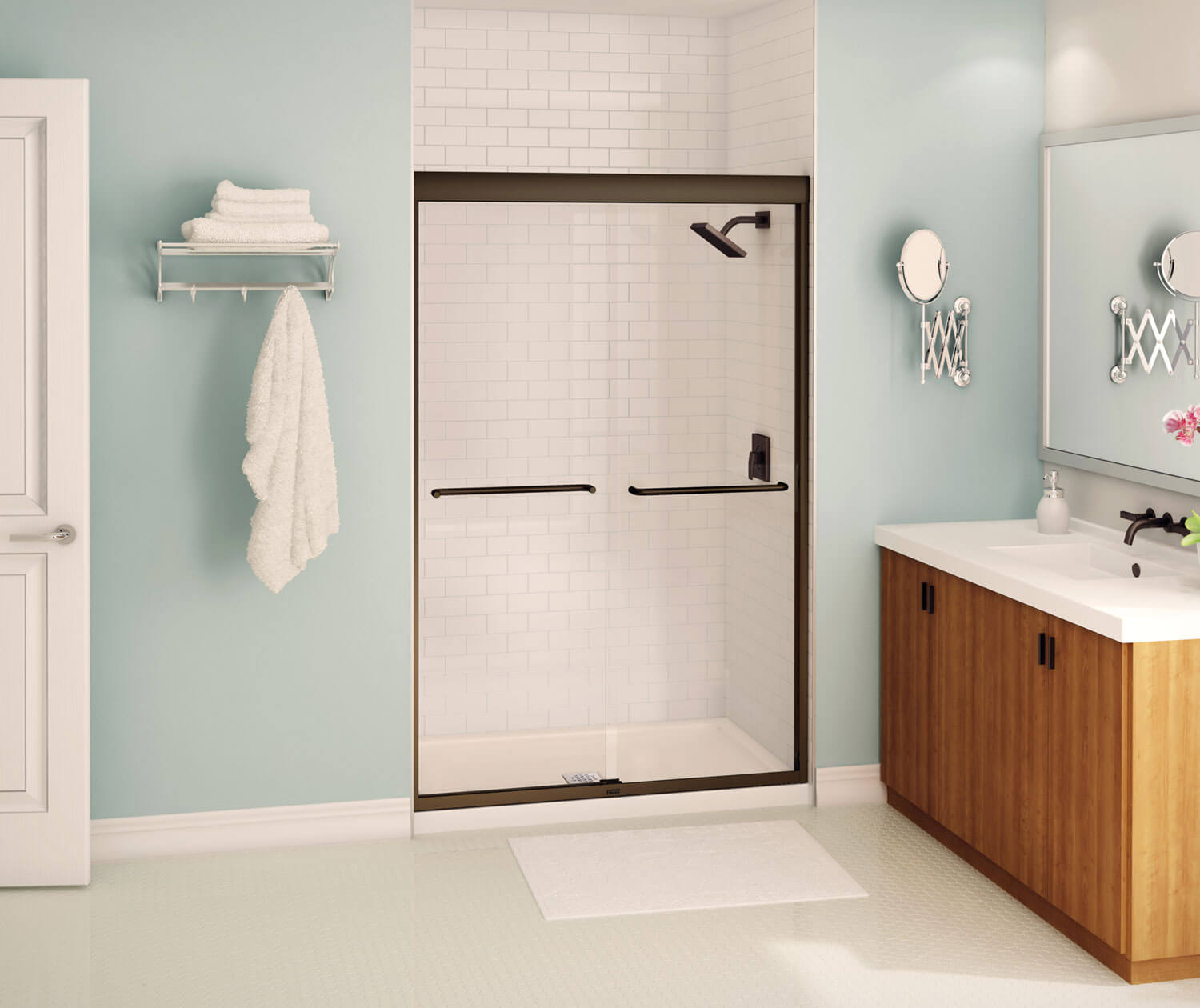 Aura 43-47 x 71 in. 6 mm Bypass Shower Door for Alcove Installation with Clear glass in Dark Bronze - Plumbing Market