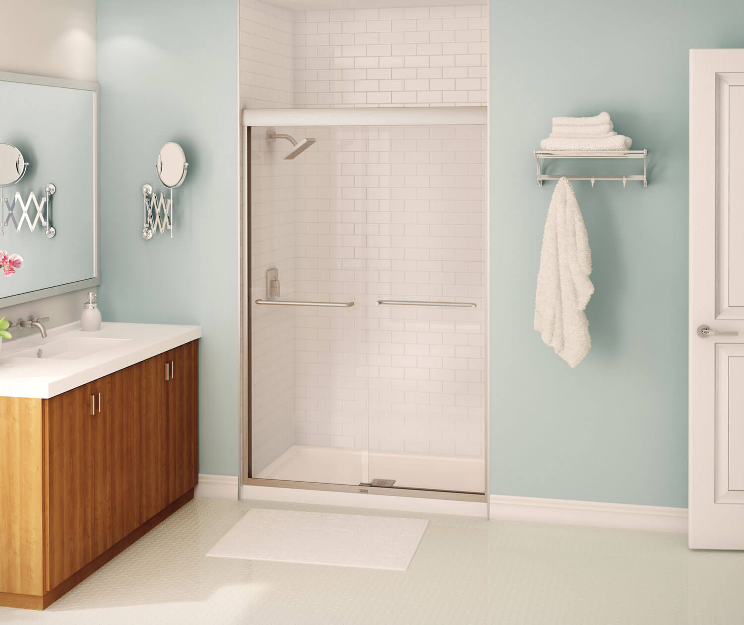 Aura 43-47 x 71 in. 6 mm Bypass Shower Door for Alcove Installation with Clear glass in Brushed Nickel - Plumbing Market