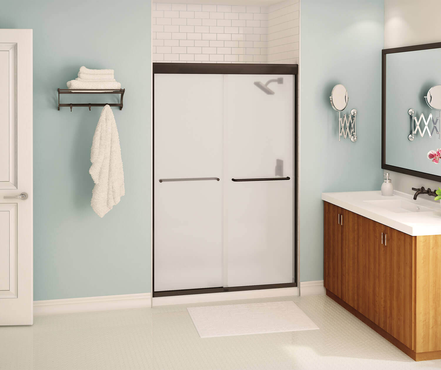 Aura 43-47 x 71 in. 6 mm Bypass Shower Door for Alcove Installation with Frosted glass in Dark Bronze - Plumbing Market