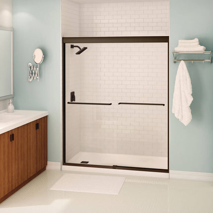Aura 55-59 x 71 in. 6 mm Sliding Shower Door for Alcove Installation with Clear glass in Dark Bronze - Plumbing Market