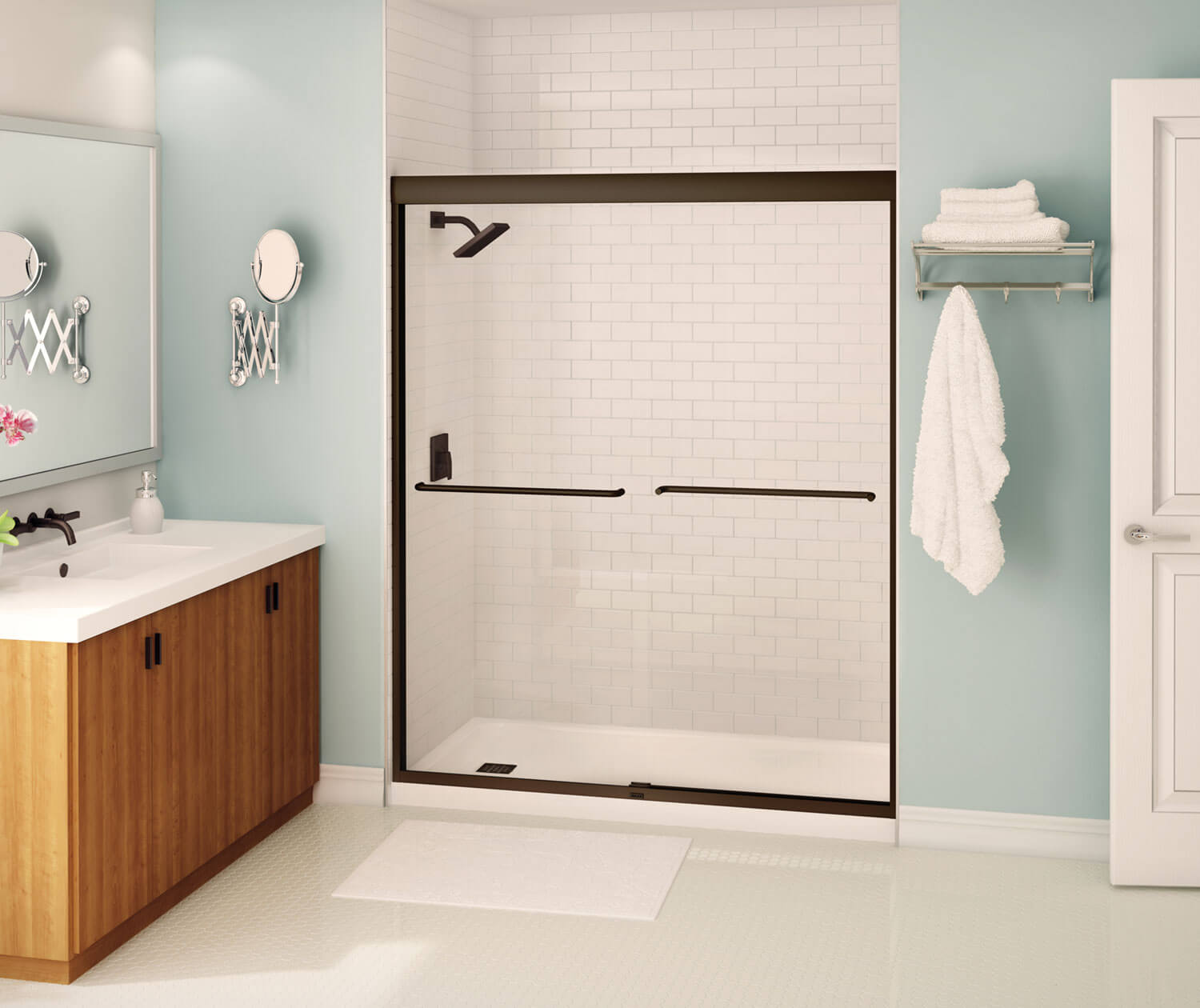 Aura 55-59 x 71 in. 6 mm Sliding Shower Door for Alcove Installation with Clear glass in Dark Bronze - Plumbing Market